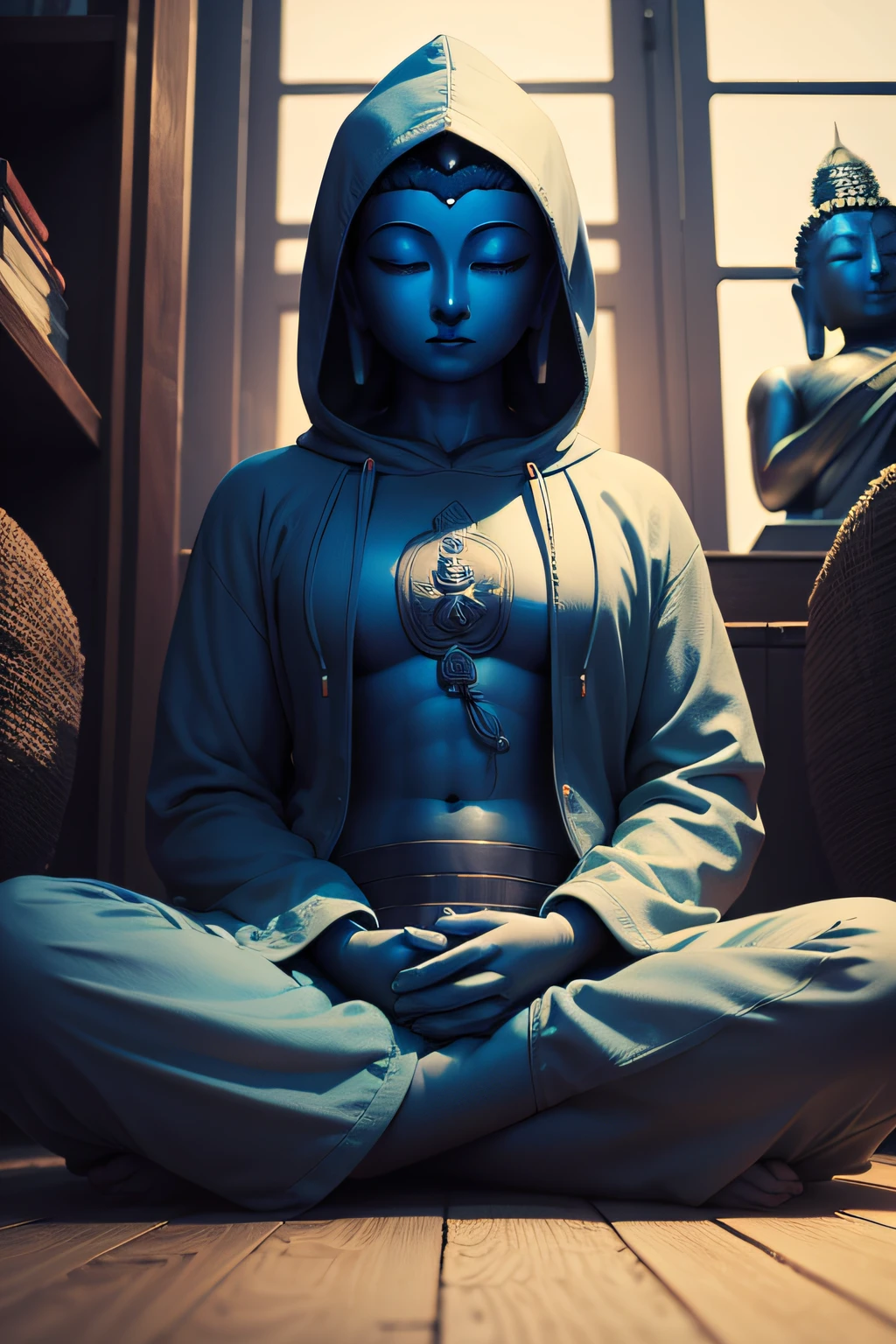 There is a blue Buddha statue facing the front and wearing a hoodie hood,Buddha, the buddha, buddhism, beautiful image,Buddha,Buddha