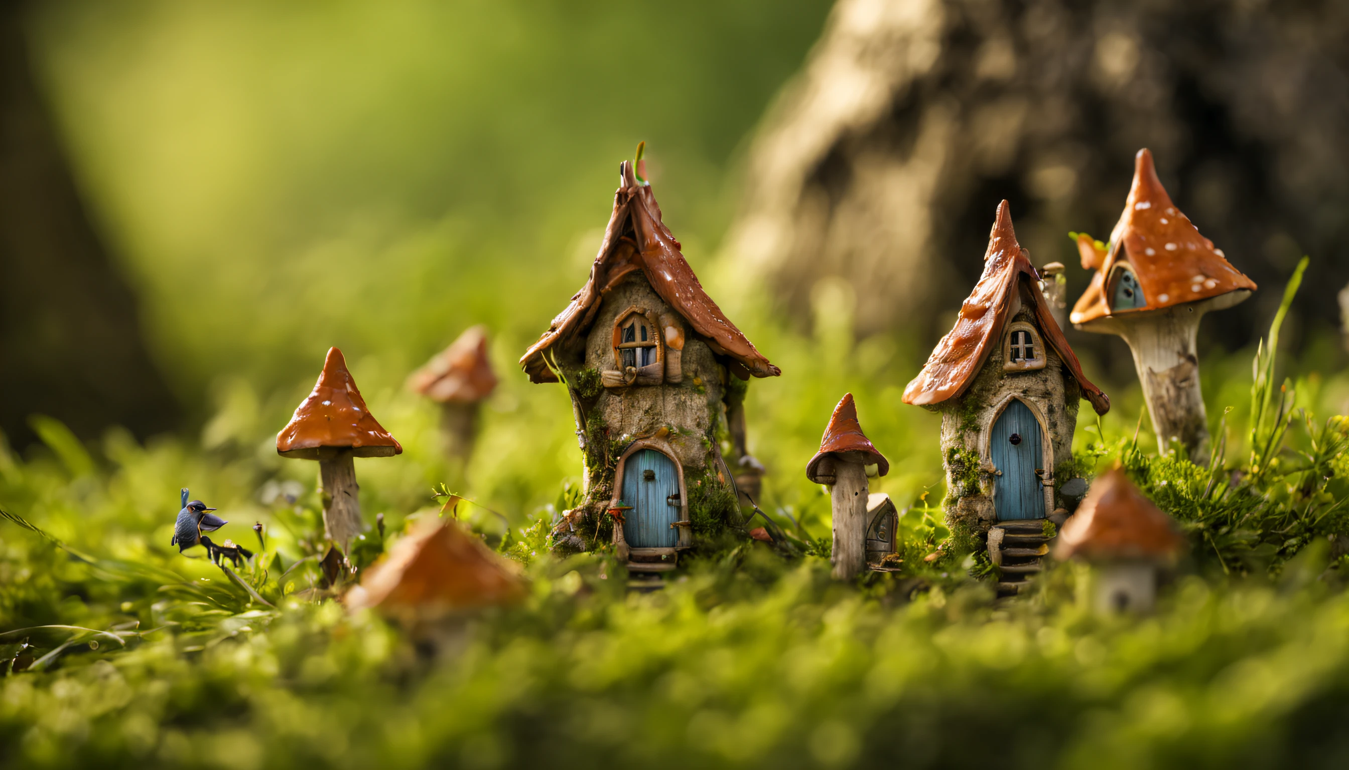 Macro photography, Macro photograph of a magical microcosm in the tall grass.., small fairy village with fairies, Small fairytale village with houses, 5 different little fairy houses, Small village in the middle of tall grass, little fairy fairy houses, Among the tall grass, fairy village with fairies with their own details, great depth of field, Hi-Def, Extremely realistic, Extremely detailed, cinematic treatment, HDR, Photorealistic, tmasterpiece