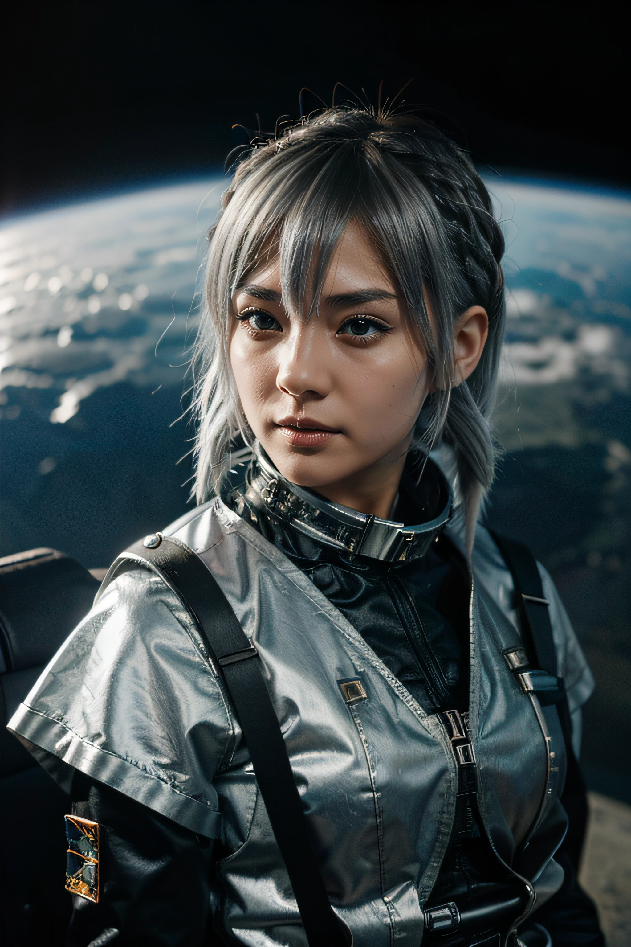 space fighters, japanaese girl, planet, Wolf cut hair, Hair in folds, Silver hair