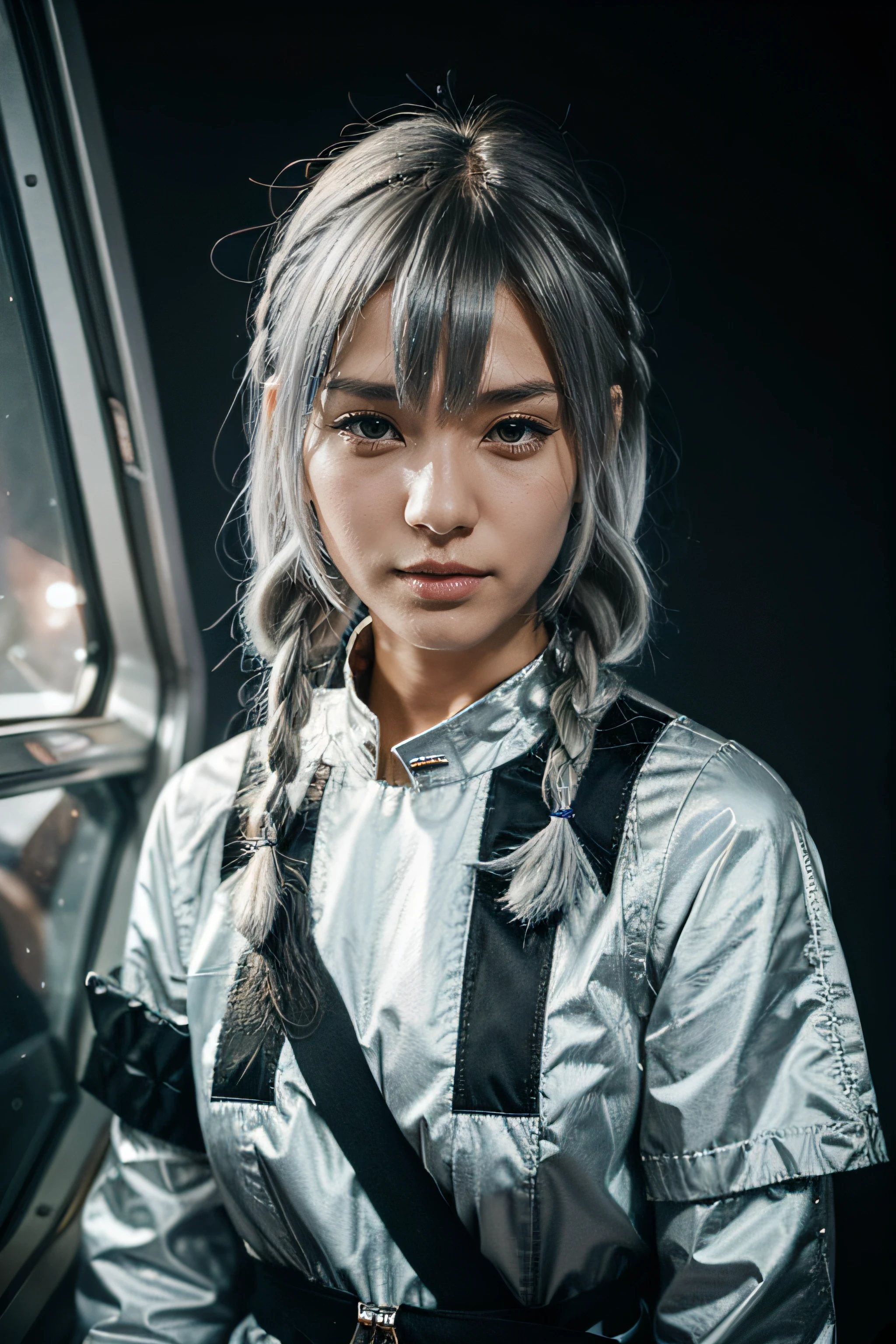 space fighters, japanaese girl, planet, Wolf cut hair, Hair in folds, Silver hair