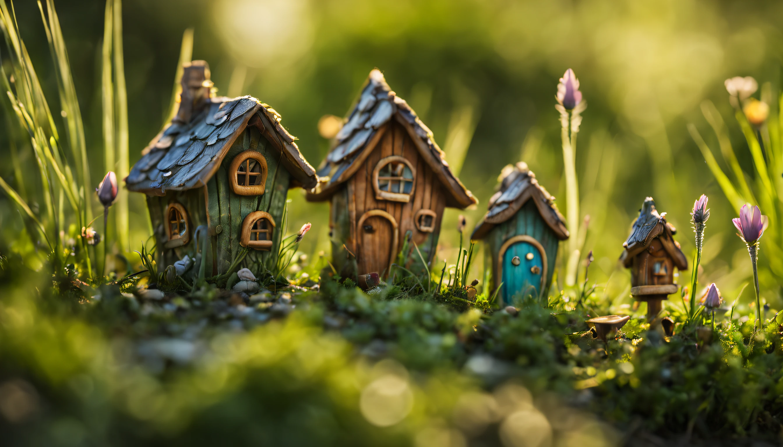 Macro photography, Macro photograph of a magical microcosm in the tall grass.., small fairy village with fairies, Small fairytale village with houses, 5 different little fairy houses, Small village in the middle of tall grass, little fairy fairy houses, Among the tall grass, fairy village with fairies with their own details, great depth of field, Hi-Def, Extremely realistic, Extremely detailed, cinematic treatment, HDR, Photorealistic, tmasterpiece