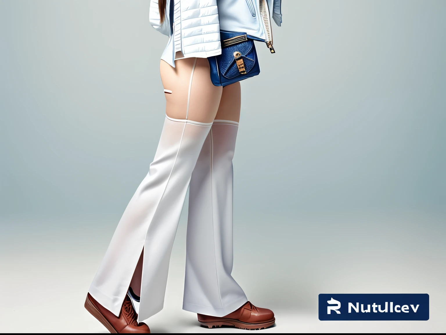 there  a woman in a blue jacket and white panties holding a bag, [ realistic photo ]!!, , (nsfw:1.2),