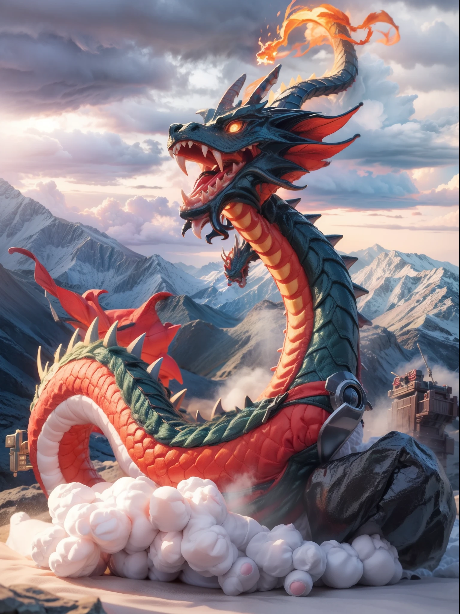 dragon shenlong, 3D figure, cartoon 3d figure, release fire through mouth, realistic figure, studio soft lighting, cinematic toy Mountain, toy like realistic weather, wooly clouds.