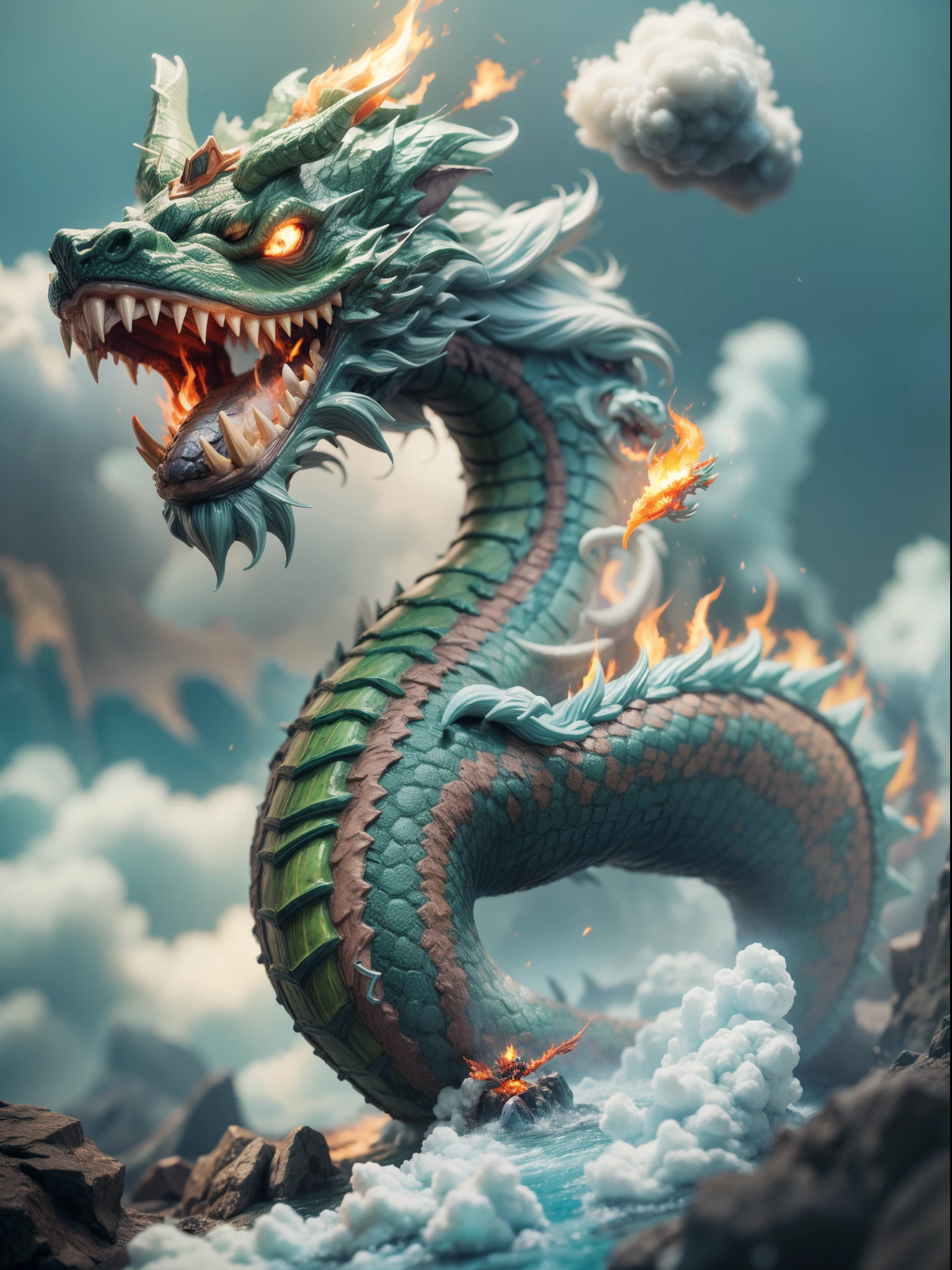 dragon shenlong, 3D figure, cartoon 3d figure, release fire through mouth, realistic figure, studio soft lighting, cinematic toy Mountain, toy like realistic weather, wooly clouds.