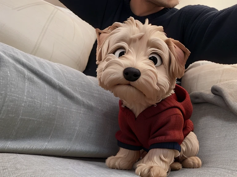 There is a small dog in a red sweater on a sofa., he was wearing a brown sweater, scruffy appearance, Llevar una sudadera con capucha escarlata, Yorkshire Terrier, con una sudadera con capucha roja, Usar pijama, wear a sweater, sosteniendo su Yorkshire Terrier, wearing a track suit, looking defiantly at the camera, Aw, mirando en parte a la izquierda, con chaqueta roja