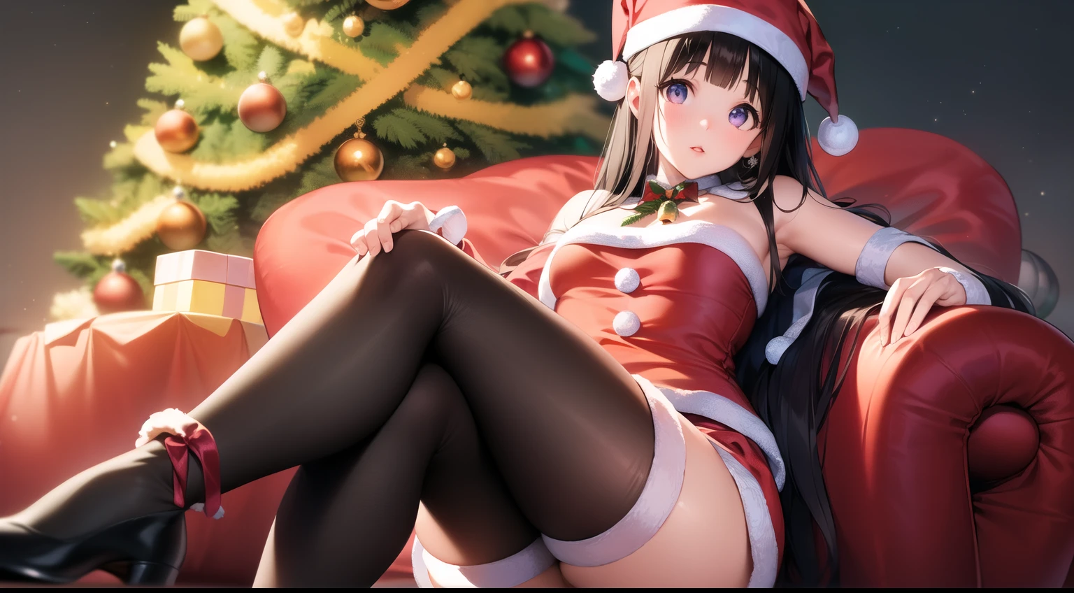 (A superb exquisite Chitanda Eru), purple eyes, long black hair, natural straight hair, straight bangs, solo, [Small_breasts: large_breasts: 0.5], normal breasts, (sitting cross-legged on santa chair), (santa hat, christmas tree, presents), extremely delicate, peerless beautiful girl, dreamy quality, exaggerated facial features, solid color, delicate face, bright lips, slender waist, soft curves, real light and shadow, super fine, 8K HD, natural pose, (masterpiece:1.4), (finely detailed beautiful eyes: 1.2), ((mature face))