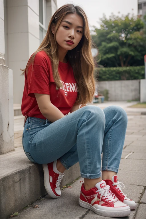 Asian girl with blonde permed hair, red lips, wearing a red women's shirt, jeans, sneakers, and a blue bag.
