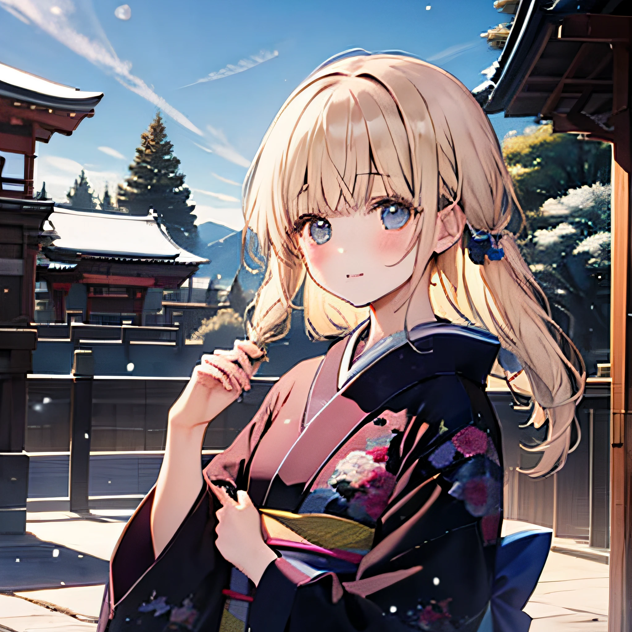 a blond,One Beautiful Girl,独奏,animesque,Black kimono,natta,snowfall,shrines