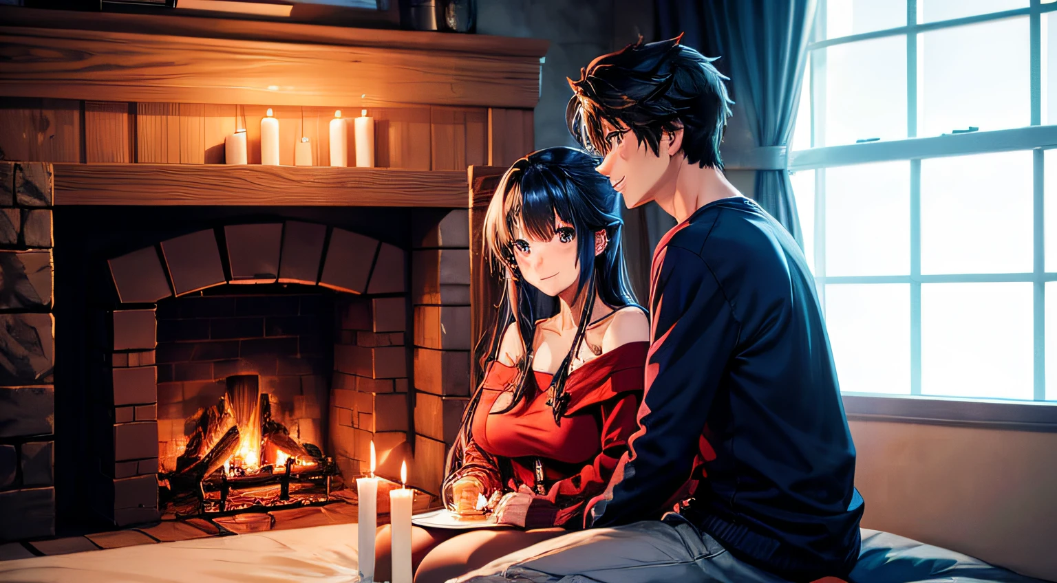 anime style, red, blue, black, cute, The couple sitting on a cozy blanket near a fireplace, enjoying a candlelight dinner, looking at each other