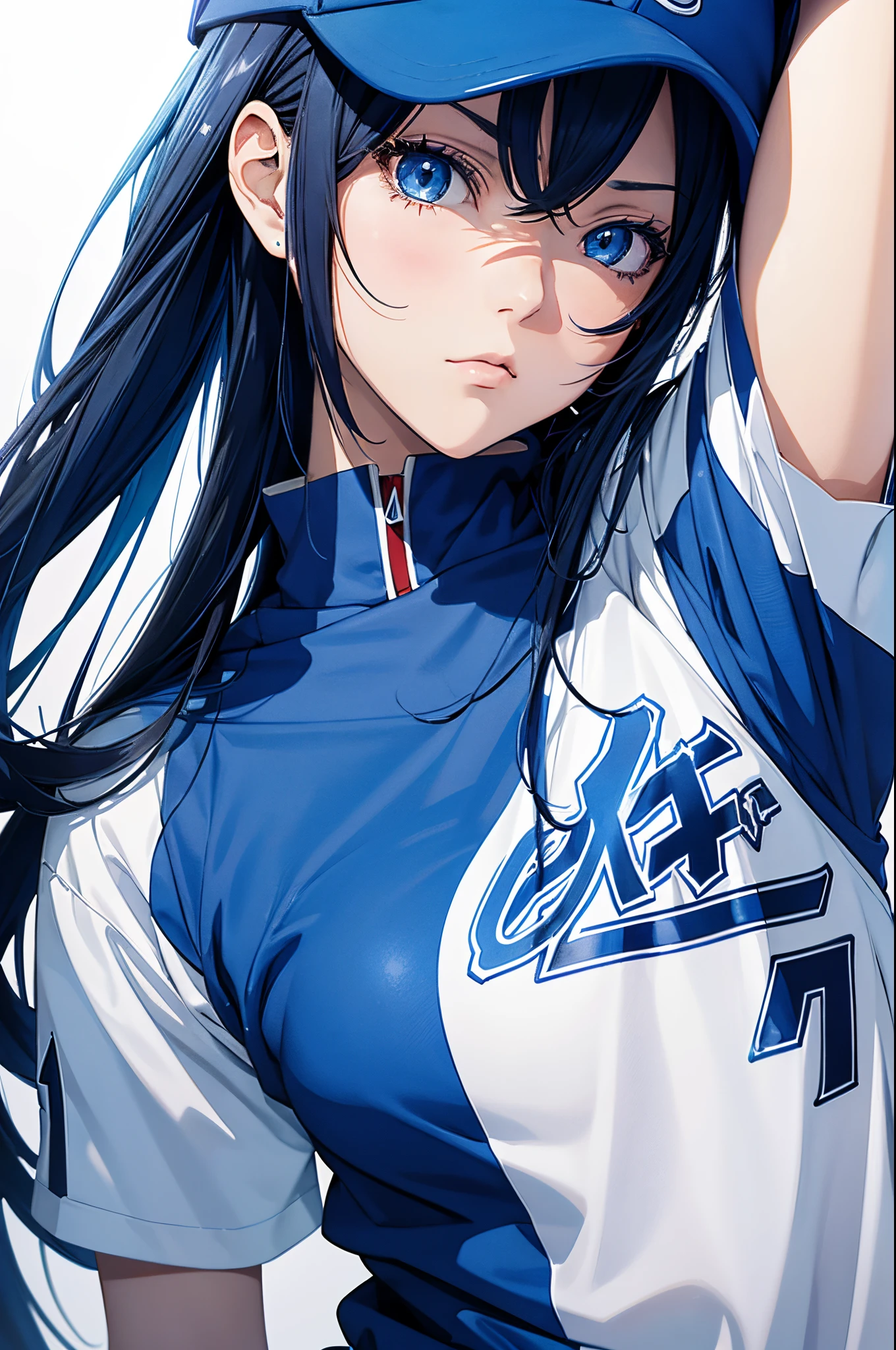 Anime girl in baseball uniform, idol, cheer girl, Baseball hat, Cool Beauty, glareing, Powerful eyes, Tall anime woman with blue eyes, Aura from the eyes, Bullish look, Cool anime woman with blue long hair, anime moe art style, Ai Kozaki, blue shining eyes, Anime Girl, Azure Blue Eyes, Young Anime Woman, shigenori soejima illustration, Yusuke Nomura Manga Art Style, bright blue eyes, a female anime character, Blue Eye. Anime, Anime Character --auto