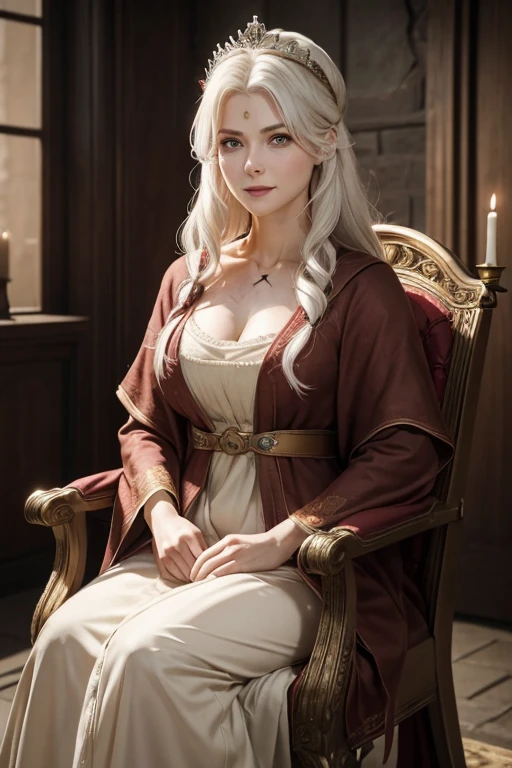 (((a deep reddish wound crosses her left cheek))) fair complexion, woman around 40 years old, natural white hair, distinctive green eyes, wearing kohl, sitting on the throne, slender and graceful, beautiful, candlelight in a medieval setting, best quality, ultra high res, Raw photo, Nikon D850, backlight, rimlight, bright sunlight, film grain:1.2, (warm hue, warm tone:1.2), (color photo), ultra sharp focus, realistic shot, medieval female clothes, tetradic colors (scar:1.4), ((fullbody)), whole body capture, wearing a crown, medium breast, breasts cleavage, eyes on camera, face on camera, smilling face,