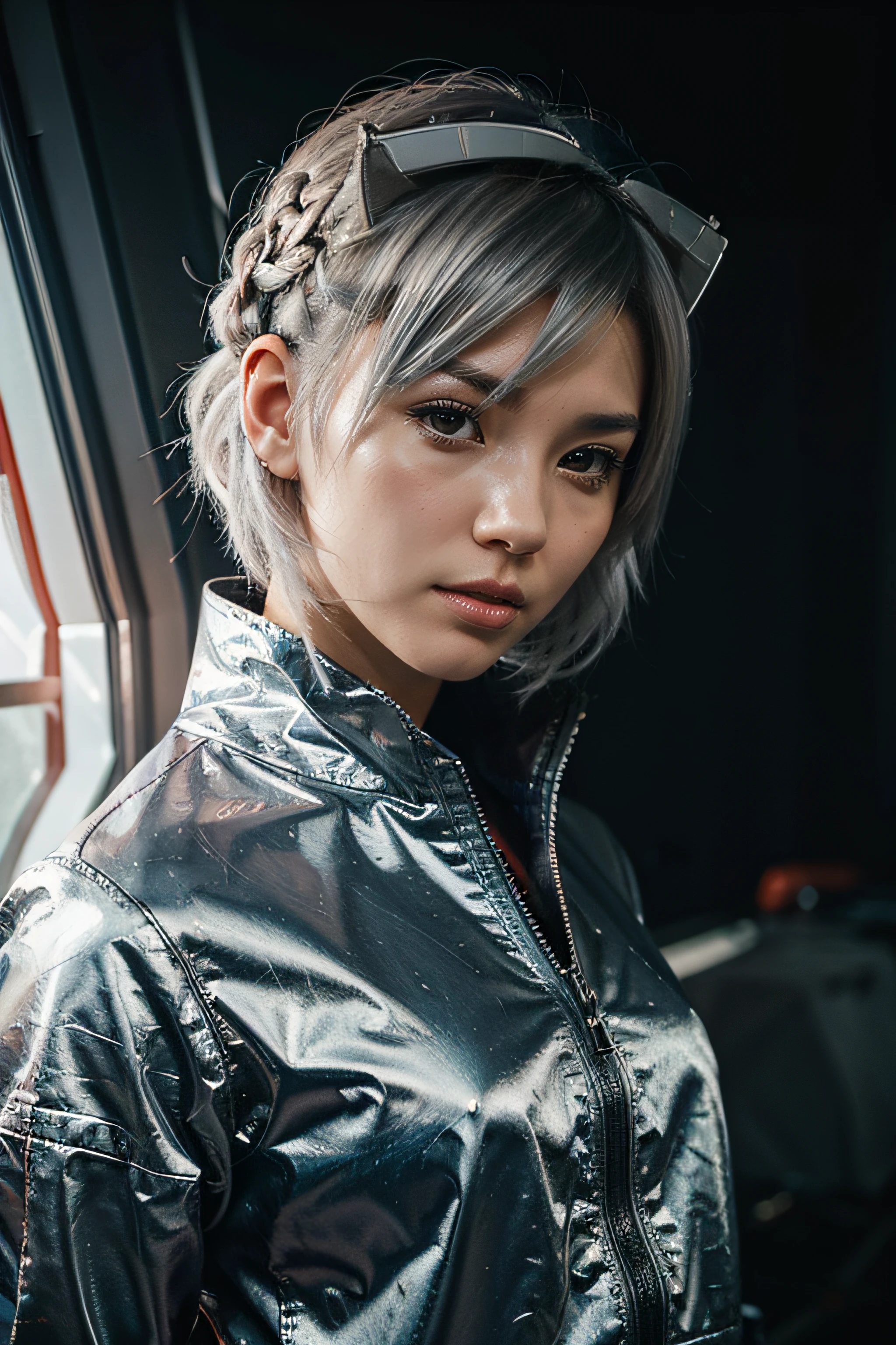 Japan Female, 18 years old, looking at the camera, close-up boyish wild cool light blue riders jacket leather pants leather boots 180cm g cup light blue hair short bob