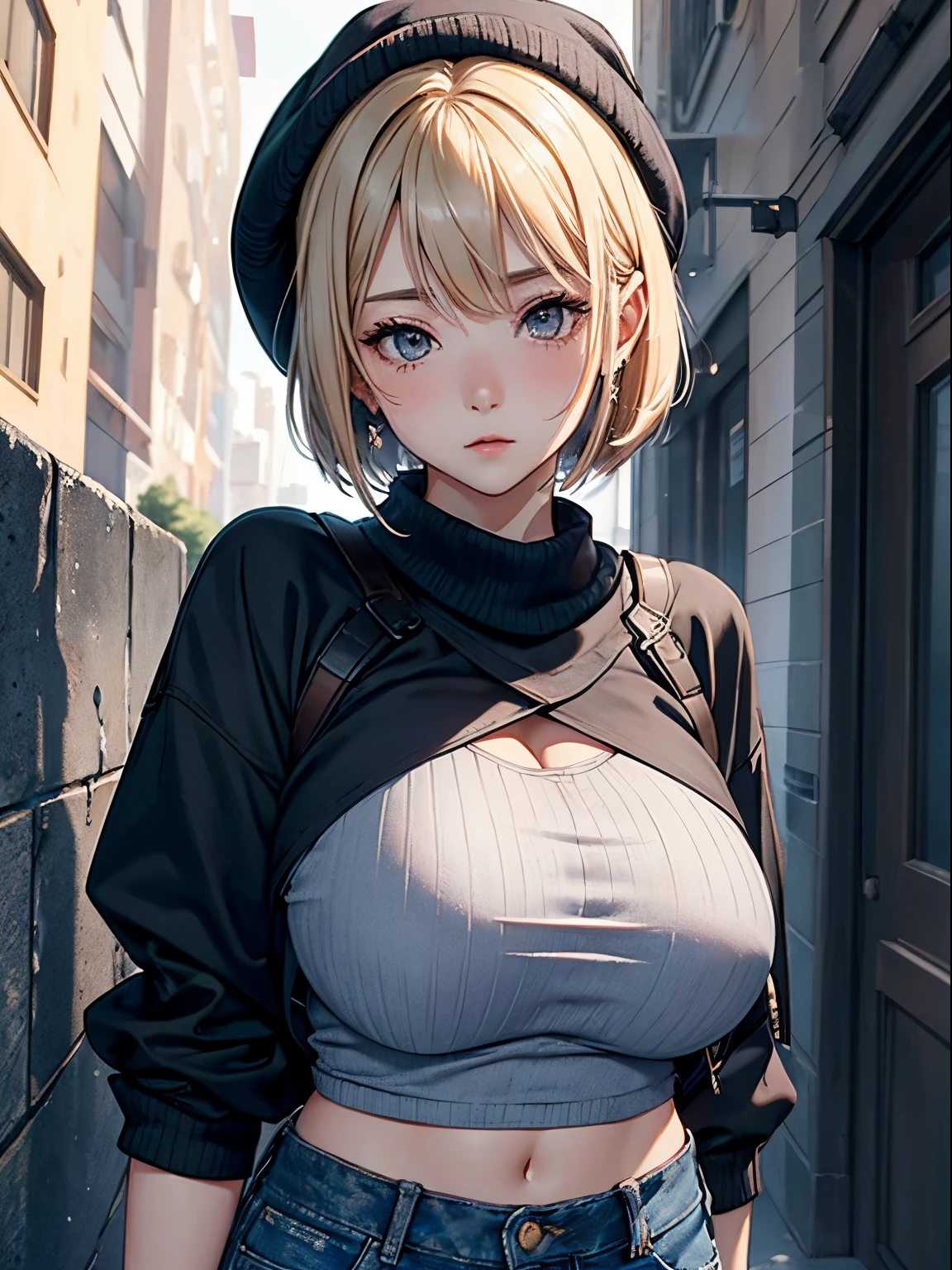 One 20-year-old woman、(masterpiece:1.4)、(top-quality:1.4)、(Real Face:1.1)、超A high resolution、high detailing、Beautiful facial features、Blonde Short Bob、Lunette de soleil、耳环、knit hat、checkered scarf、a black T-shirt、shortpants、(huge-breasted:1.3)、Blushing、Stand against the wall