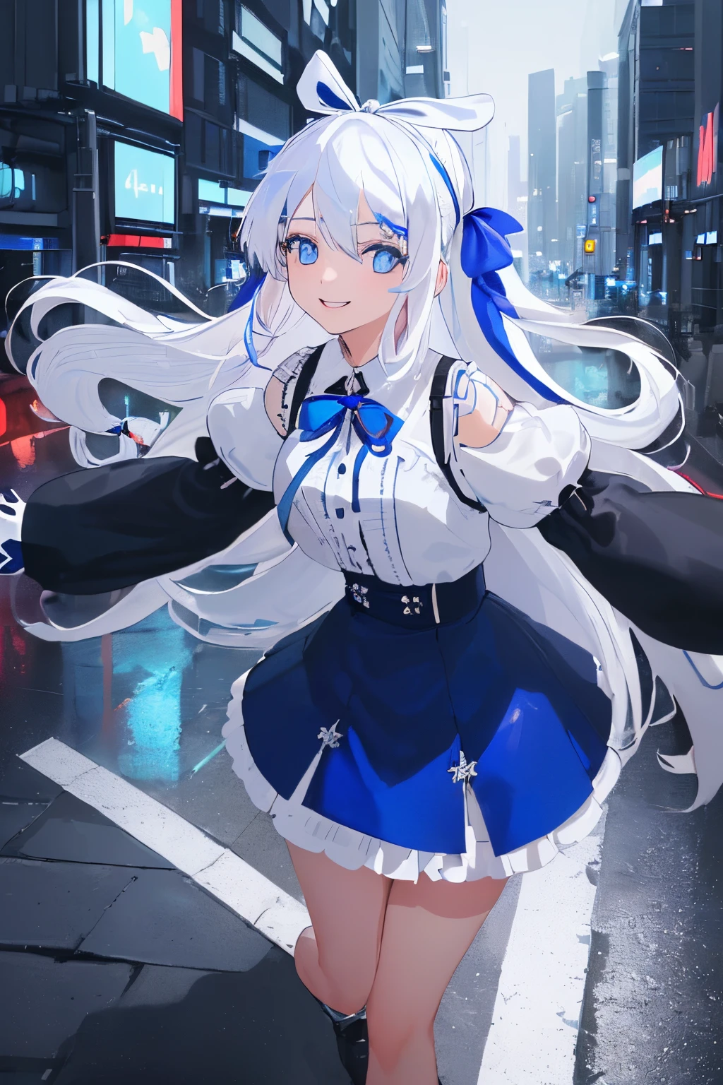 (photorealistic:1.8, highest quality:1.8,8K masterpiece:1.8,High resolution,muste piece:1.8,RAW Photos,cinematic lighting,red and purple dream colors),one goddess、(colorful armor sailor suit、mini skirt、choker、Fishnet tights、loafer shoes),(beautiful detailed blue eyes:1.7,double eyelid:1.6,Beautiful skin with glowing details:1.2),
(Looking at Viewer:1.5),(whole body,Photo seen from below:1.5),
(midium Hair:1.2,Beautiful shining blue-white hair:1.5),
expression(Sly Smile:1.3,face turns red:1.3),(Moderate chest:1.3),
Pause(back pose:1.3,Seductive pose:1.5),
background(Rainy city alley、neon),Nipples are visible through the costume、(detailed perfect face),anatomically correct,correct move:1.5,correct foot:1.5,4 fingers and 1 thumb in correct proportions,(cameltoe),No split screen,slender abs:1.2,(Young sensual gravure idol)