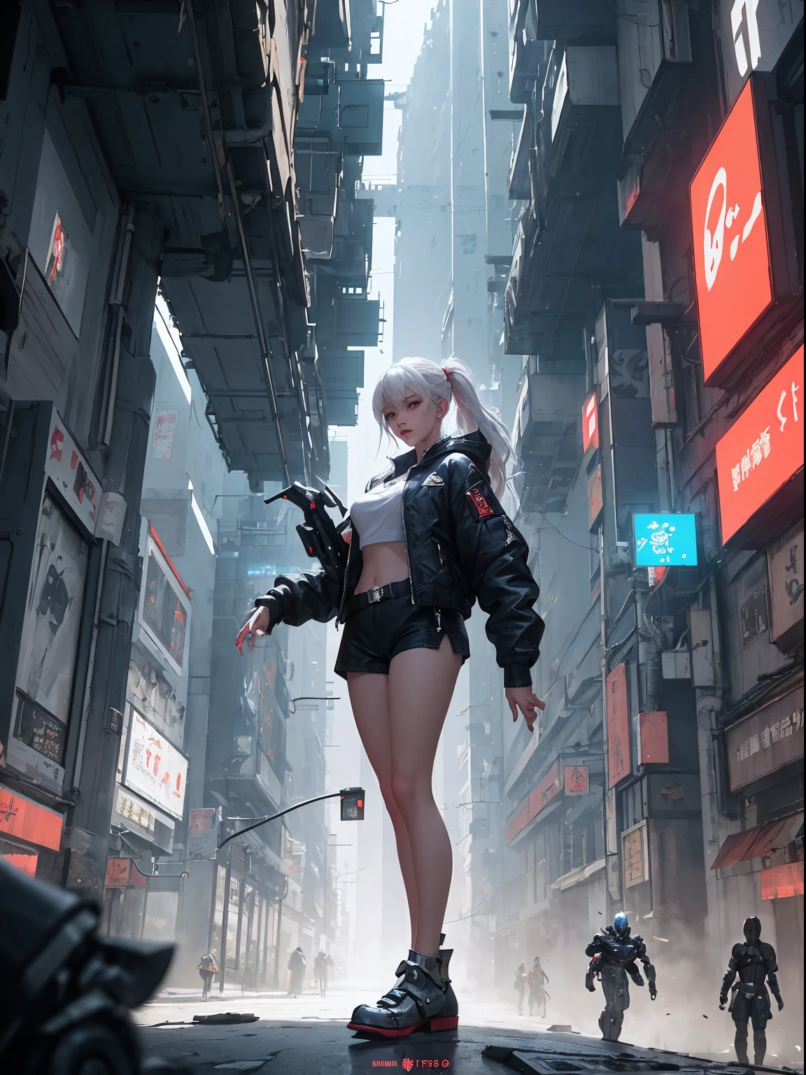 Boutiques,Best quality at best,golden jewelery,(foot slips out),Fairy skin,(Fidelity :1.2),Permanent,超詳細,actual,high qulity,cinematic lighitnglamplight,ray traycing,hyper HD,The upper part of the body, Girl in shorts and jacket standing next to giant robot, Guviz-style artwork, cyberpunk me, CGSTATION trends, guweiz, Russell Dongjun Lu, digital cyberpunk anime art, ross tran 8 k, guweiz on artstation pixiv, Mecha net armor girl