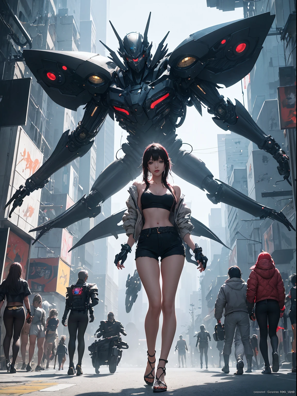 Boutiques,Best quality at best,golden jewelery,(foot slips out),Fairy skin,(Fidelity :1.2),Permanent,超詳細,actual,high qulity,cinematic lighitnglamplight,ray traycing,hyper HD,The upper part of the body, Girl in shorts and jacket standing next to giant robot, Guviz-style artwork, cyberpunk me, CGSTATION trends, guweiz, Russell Dongjun Lu, digital cyberpunk anime art, ross tran 8 k, guweiz on artstation pixiv, Mecha net armor girl