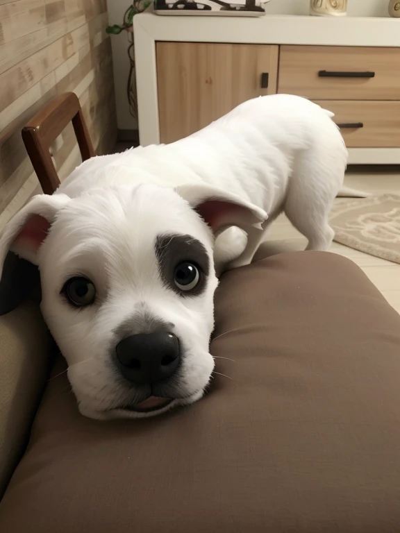 There is a white dog lying on a pillow., despampanante!, sin mancha en el ojo derecho, Aspecto orgulloso, !!Beautiful!!, blanco con manchas negras, Orgulloso mirando hacia otro lado, 8k!!, Detallado!!, facing toward camera, boxeador, cara bonita, cara guapa, Rocco, Cara muy atractiva!!, staring at the camera, Absorto en pensamientos