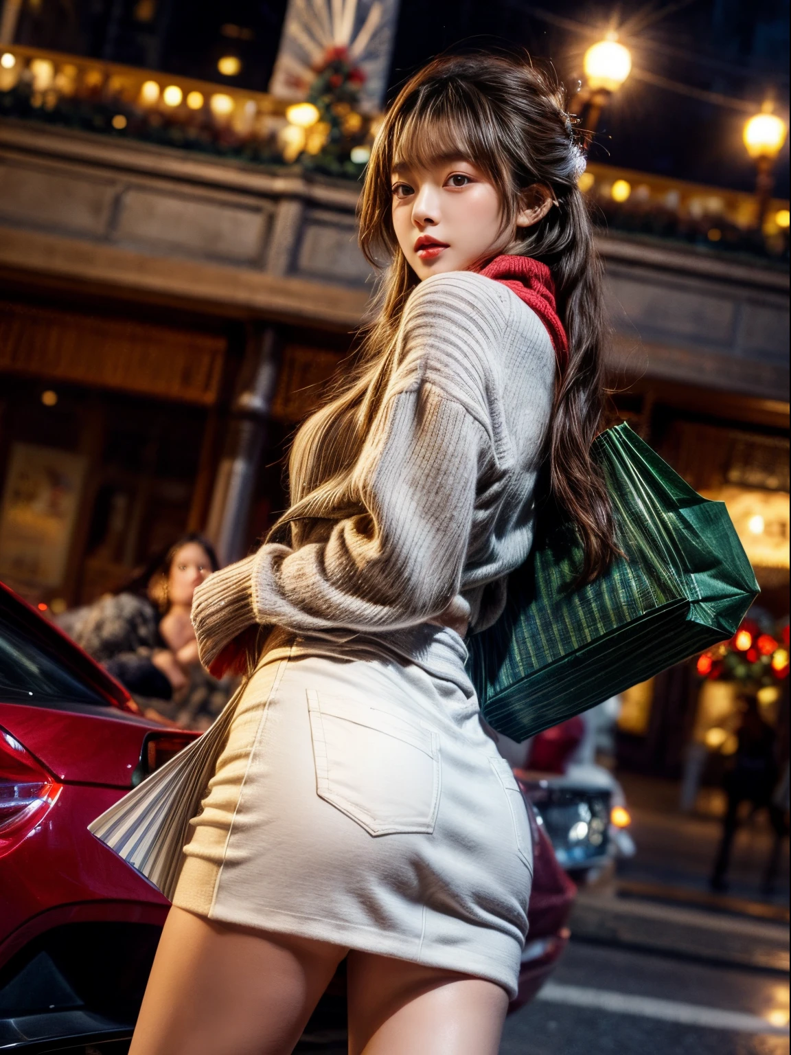 masterpiece、8K、32K、top-quality、(A detailed eye)、(A cute Japanese woman、bangss)、23years old、1 girl in、elegent、(Detailed background depiction、portlate:1.2)、(Looks Back、blows wind:1.4)、(Christmas、shopping mall:1.4)、(Sweaters、Wool scarves、plaid skirts:1.1)、(pantyshot:1.3)、blushed face、ssmile、(Angle from below:1.4)