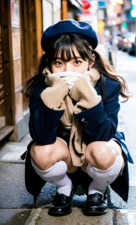 ulzzang -6500-v1.1, (Raw foto:1.2), (Photorealsitic:1.4), a beautiful detailed girl, extremely detailed eye and face, beatiful detailed eyes, Ridiculous, unbelievable Ridiculous, huge filesize, ultra-detailliert, hight resolution, ighly detailed, top-quality, masterpiece, Kemomimi, ((bury your face in your scarf)), (((Japan schoolgirl uniform))), illustratio, ighly detailed, nffsw, unification, 8k wallpaper, astonishing, finely detail, masterpiece, top-quality, Highly detailed ticker uniform 8K wallpaper, face lights、Cinematographic lighting、1girl in、sixteen years old、(witheout panties)、((dynamicposes)))、(camel's toe)、(half)、(Crooked knees and legs sitting))