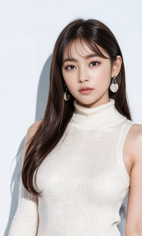 ulzzang -6500-v1.1, (Raw foto:1.2), (Photorealsitic:1.4), a beautiful detailed girl, extremely detailed eye and face, beatiful detailed eyes, Ridiculous, unbelievable Ridiculous, huge filesize, ultra-detailliert, hight resolution, ighly detailed, top-quality, ​masterpiece, Kemomimi, ((White high neck sleeveless long sleeve knit mini dress)), illustratio, ighly detailed, nffsw, unification, 8k wallpaper, astonishing, finely detail, ​masterpiece, top-quality, Highly detailed ticker uniform 8K wallpaper, face lights、Cinematographic lighting、1girl in、sixteen years old、(No upskirt shots in dynamic poses）