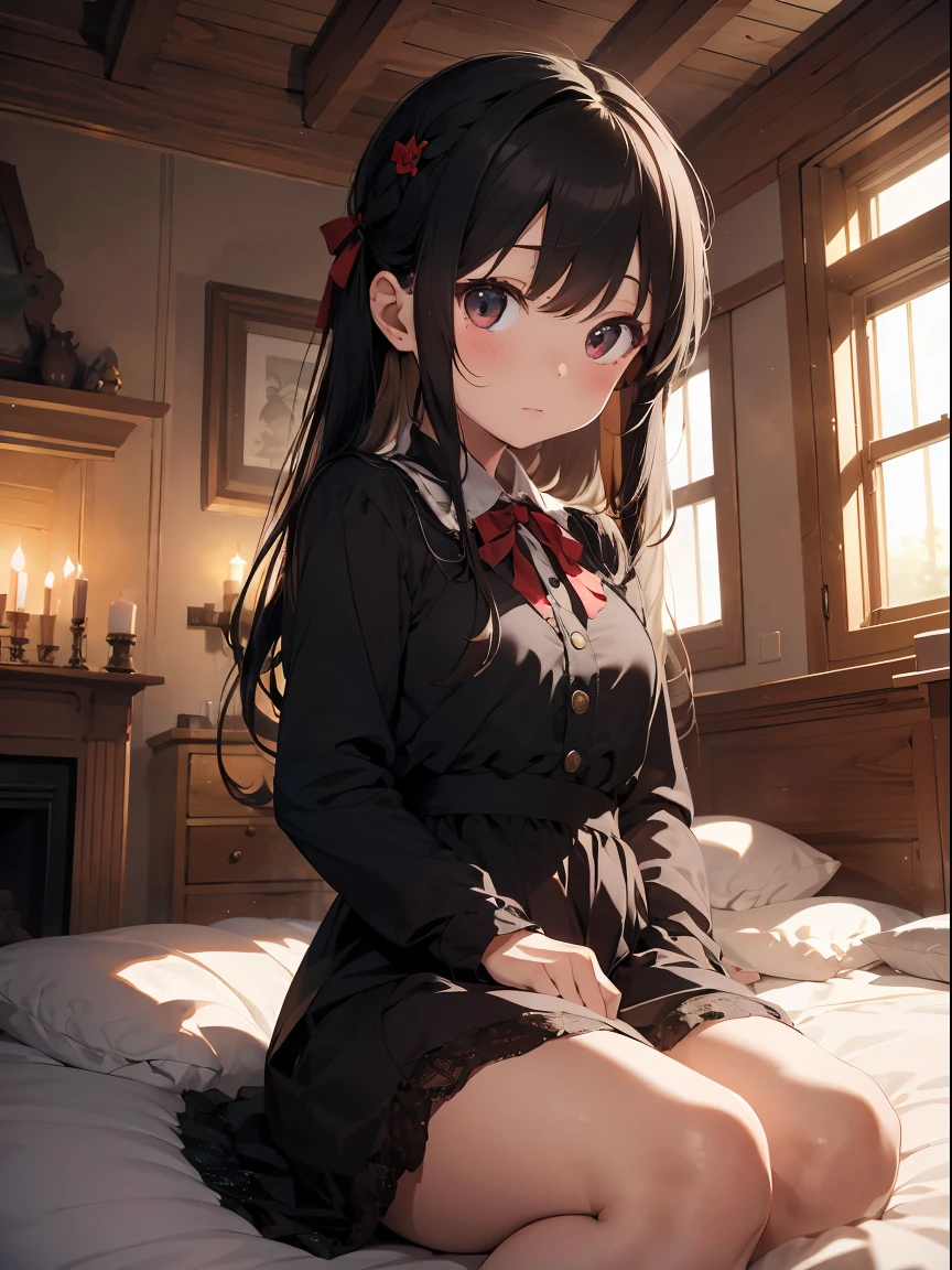「Inside a medieval castle、Please draw a beautiful young vampire girl hibernating.。The girl is about 8 years old、Her hair is long、In pitch black、It is a shining straight。She is wearing a gorgeous red and black velvet gothic dress、The dress is decorated with fine lace and beads。she was lying on a big four poster bed、The face has a calm and peaceful expression of sleep。 「is faintly illuminated by the light of the fireplace.、Old paintings and luxurious curtains are in the background。hibernation scene、Has a mysterious and quiet atmosphere、Please emphasize the cuteness of the girl.。」