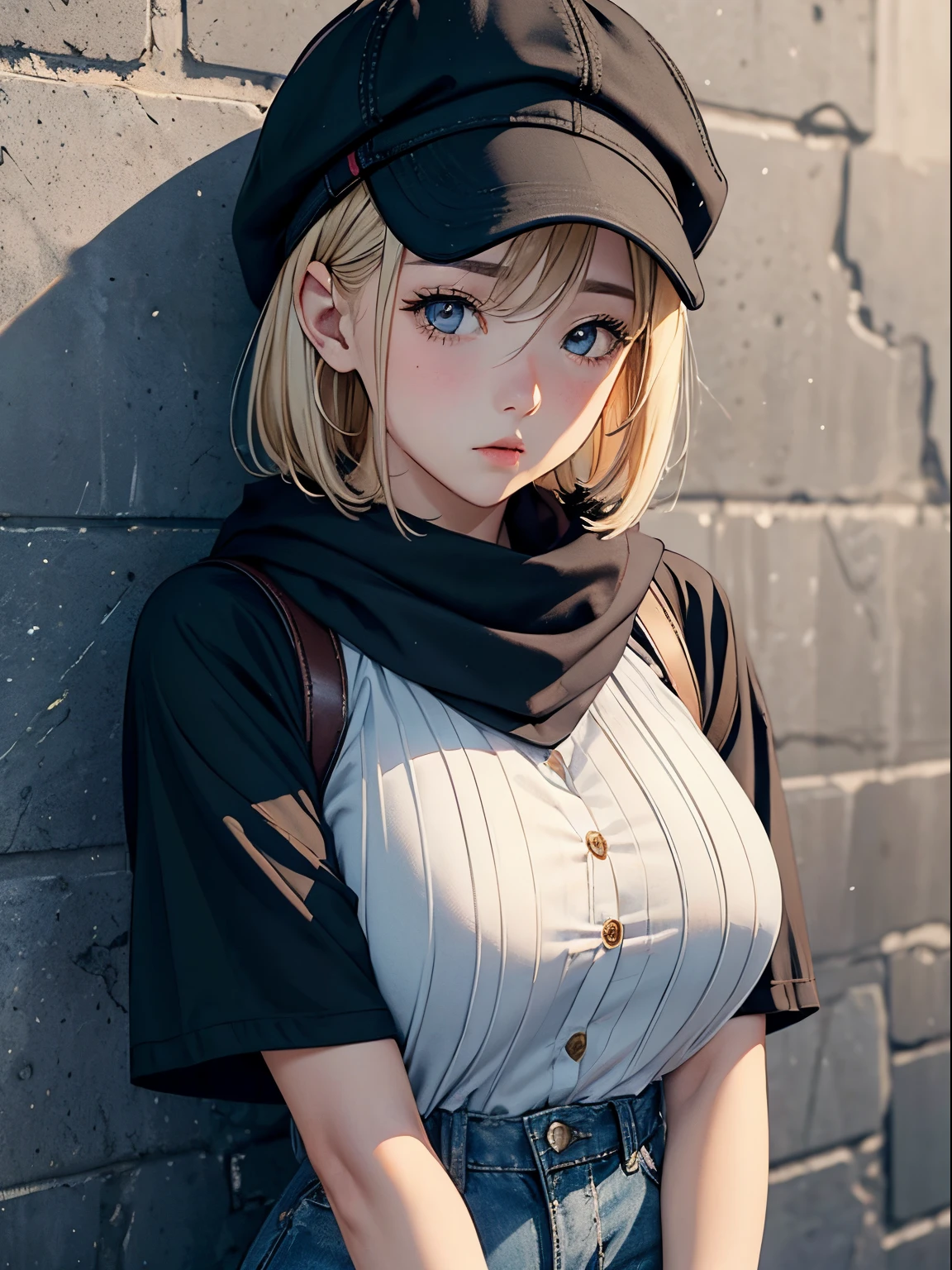 One 20-year-old woman、(​masterpiece:1.4)、(top-quality:1.4)、(Real Face:1.1)、超A high resolution、high detailing、Beautiful facial features、Blonde Short Bob、Lunette de soleil、耳环、knit hat、checkered scarf、a black T-shirt、shortpants、(huge-breasted:1.3)、Blushing、Stand against the wall