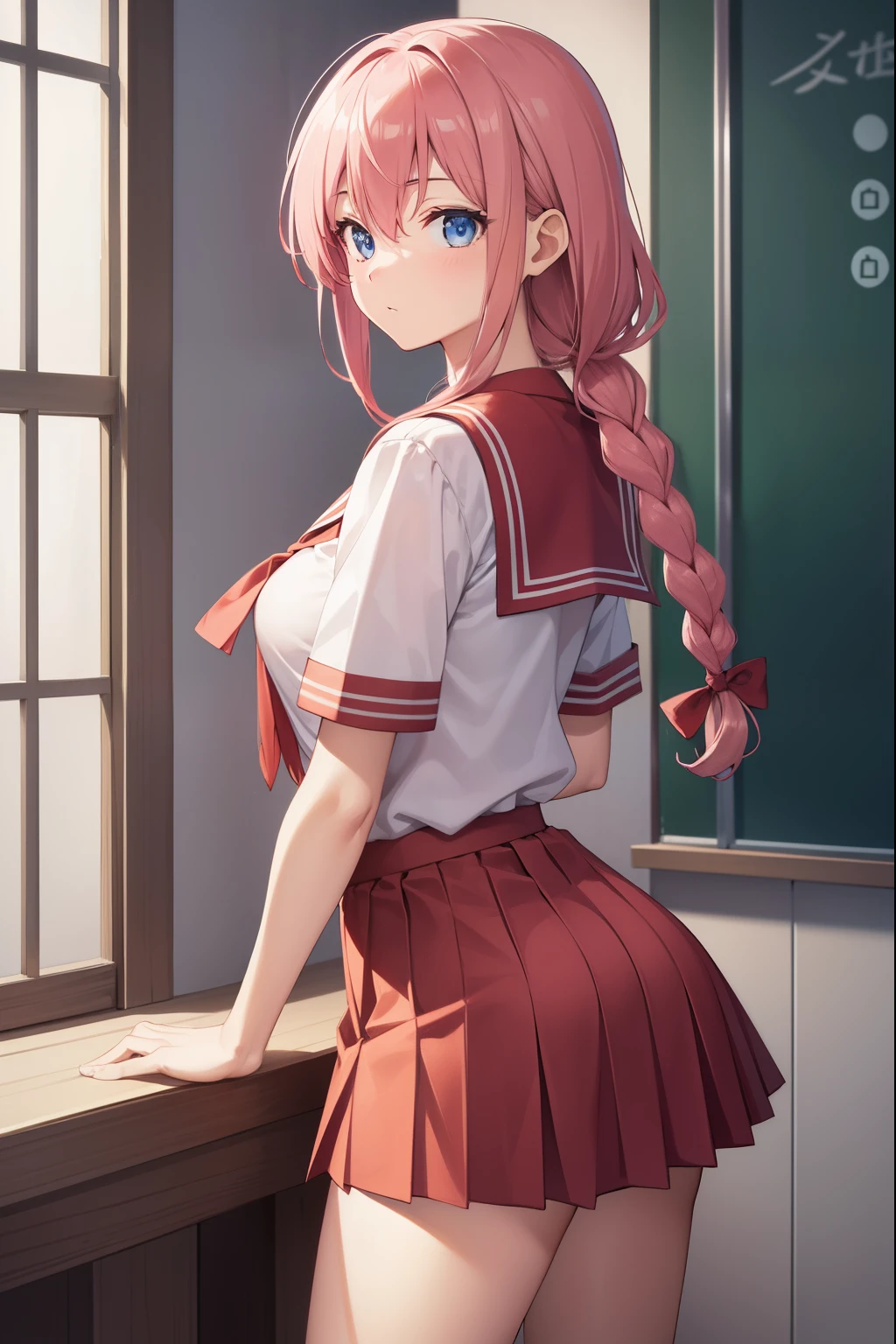 akinaorifushi, akina orifushi, long hair, pink hair, blue eyes, hair braid, braid, hair bow, bow, perfect boobs, perfect round ass
BREAK skirt, school uniform, serafuku, red sailor collar, red skirt, white shirt, short sleeves,
BREAK looking at viewer,
BREAK indoors, classroom,
BREAK (masterpiece:1.2), best quality, high resolution, unity 8k wallpaper, (illustration:0.8), (beautiful detailed eyes:1.6), extremely detailed face, perfect lighting, extremely detailed CG, (perfect hands, perfect anatomy),