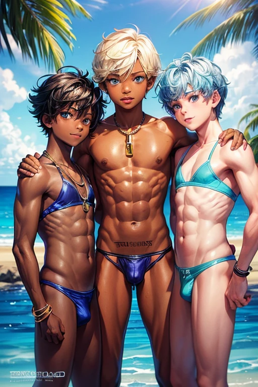 Master Piece)),(((Best quality))), (High quality, impressive),(expressive eyes, 1twinks african superboy wearing jocktraps, 1twinks african superboy perfect and big ass, muscular -09 --olds 1twinks african superboy wearing micro bikini, 1twinks african superboy grabbing big bulge, 1twinks african superboy , 1twinks mexican 1boy micro bikini, super gifted african 1twinks, 1twinks african superboy wearing thong, 1twinks african superboy bodybuilder, trio quartet, short light blue hair, short blonde hair, beautiful cute 1twinks 1boys, tropical Beach, pubic hair