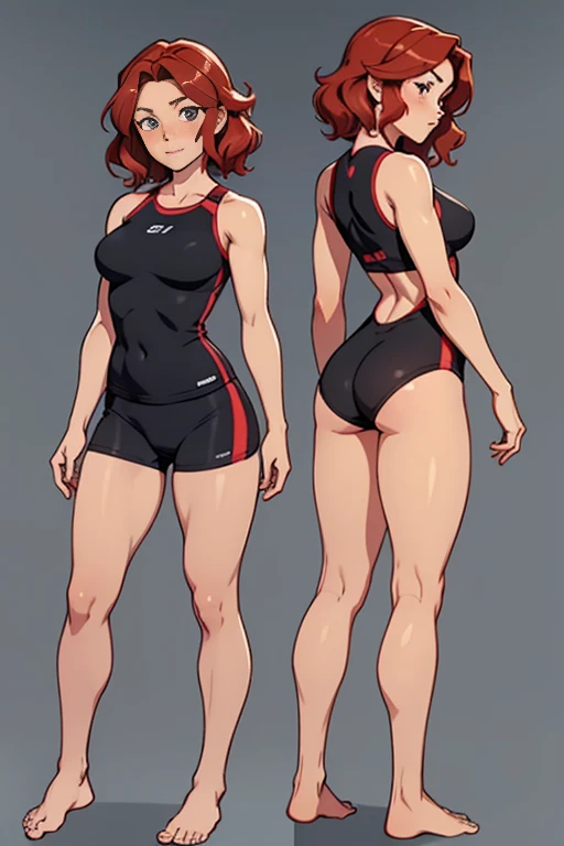 Front and back full body photo of a beautiful, barefoot, lucky ones, blushing redhaired woman, short wavy hair, who wears short black training clothes.