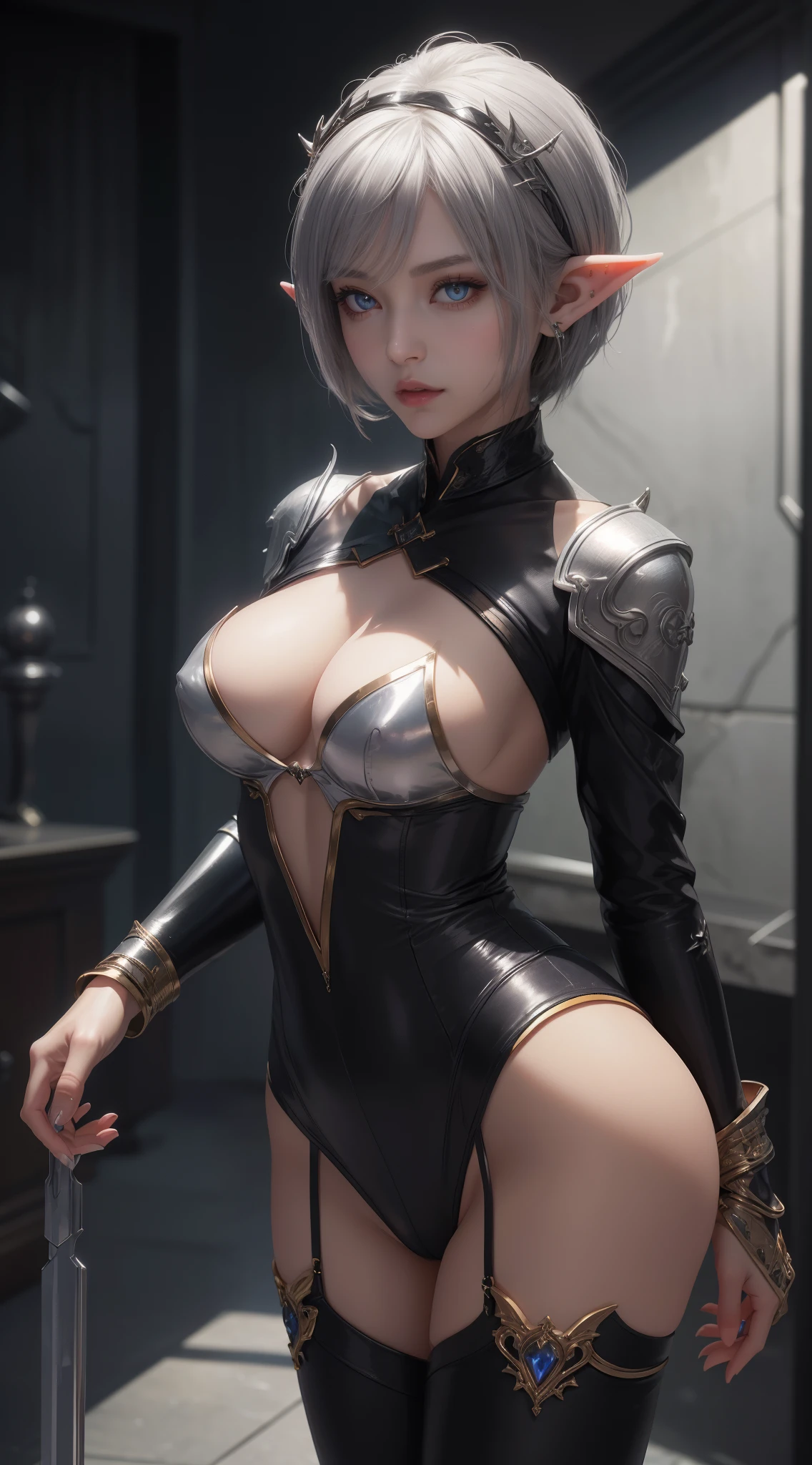 tmasterpiece，Highest image quality，Beautiful bust of a dark elf girl，elvish ears，Dark elf silver short hair style，Clear golden eyes，锁链，leather clothes，Ultra-detailed details，advanced。At the Pixiv Art Station，Break your own power，The kinky  exposed，R-18G