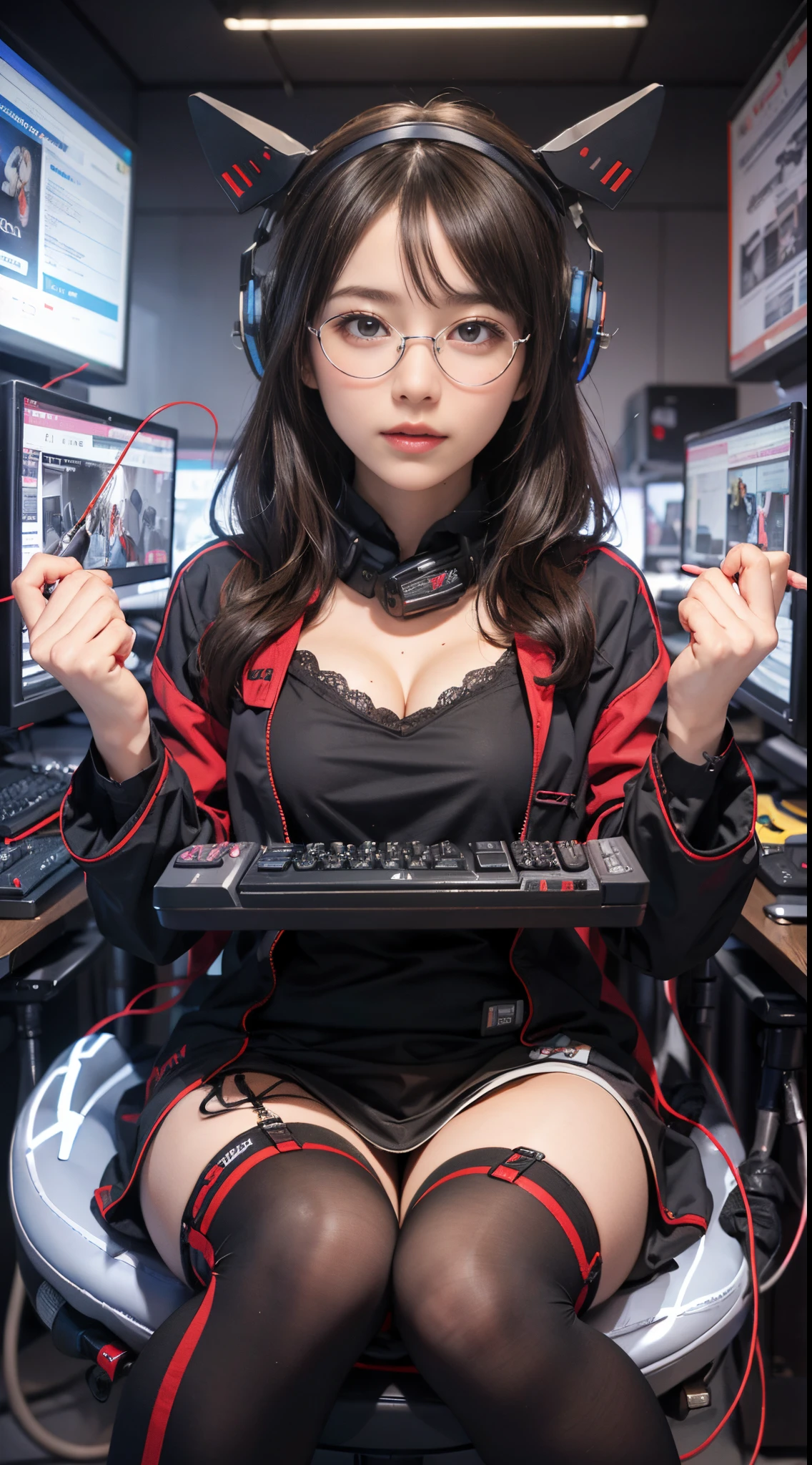 nsfw, 8k, best quality, highres, realistic, real person, A gamer's room illuminated by cool neon lights, featuring a twin-tailed, glasses-wearing otaku girl engaged in video streaming or gaming. The room is filled with various gaming paraphernalia, such as multiple monitors, gaming keyboard, and headphones. The neon lights cast colorful glows on the walls and the girl, highlighting her twin-tailed hairstyle and glasses. The girl is focused on her screen, immersed in her gaming world, surrounded by a vibrant and lively gaming atmosphere, Big breasts, cleavage, beautiful legs, long legs, gorgeous magic wand