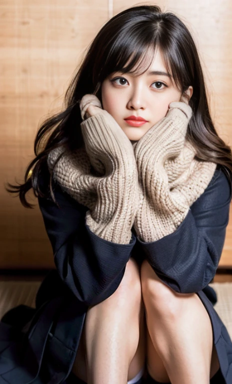 ulzzang -6500-v1.1, (Raw foto:1.2), (Photorealsitic:1.4), a beautiful detailed girl, extremely detailed eye and face, beatiful detailed eyes, Ridiculous, unbelievable Ridiculous, huge filesize, ultra-detailliert, hight resolution, ighly detailed, top-quality, ​masterpiece, Kemomimi, ((bury your face in your scarf)), (((Japan schoolgirl uniform))), illustratio, ighly detailed, nffsw, unification, 8k wallpaper, astonishing, finely detail, ​masterpiece, top-quality, Highly detailed ticker uniform 8K wallpaper, face lights、Cinematographic lighting、1girl in、、(witheout panties)、((dynamicposes)))、(camel's toe)、(half)、(Crooked knees and legs sitting))