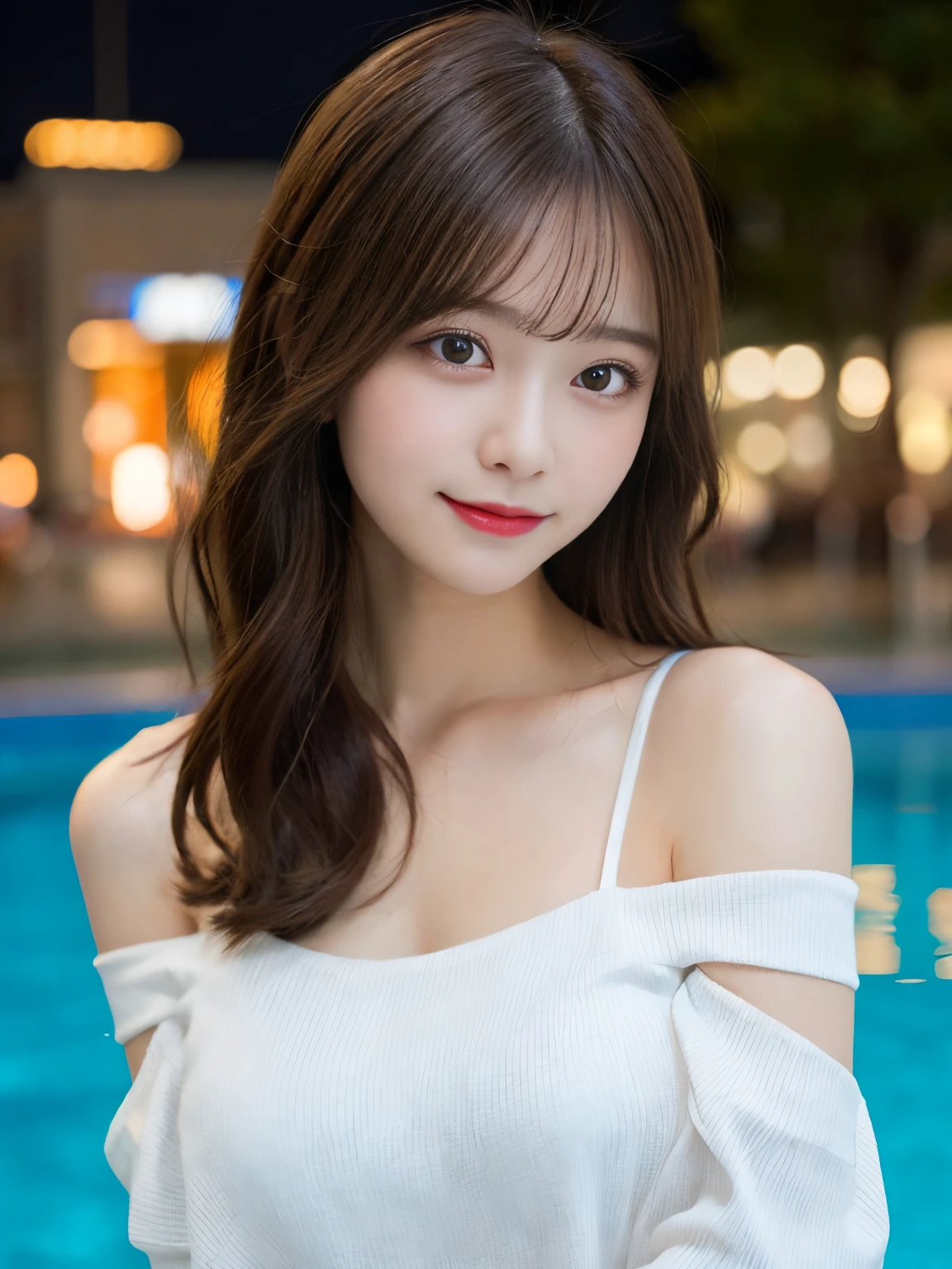 masutepiece, Best Quality, Illustration, Ultra-detailed, finely detail, hight resolution, 8K Wallpaper, Perfect dynamic composition, Beautiful detailed eyes, Wearing off-the-shoulder white clothes,Medium Hair,Natural Color Lip, Bold sexy poses,Smile,Harajuku、20 years girl、Cute、Sexy shot looking at camera、C Cup、Brown hair、cacique#39;s face、Blurry night pool background