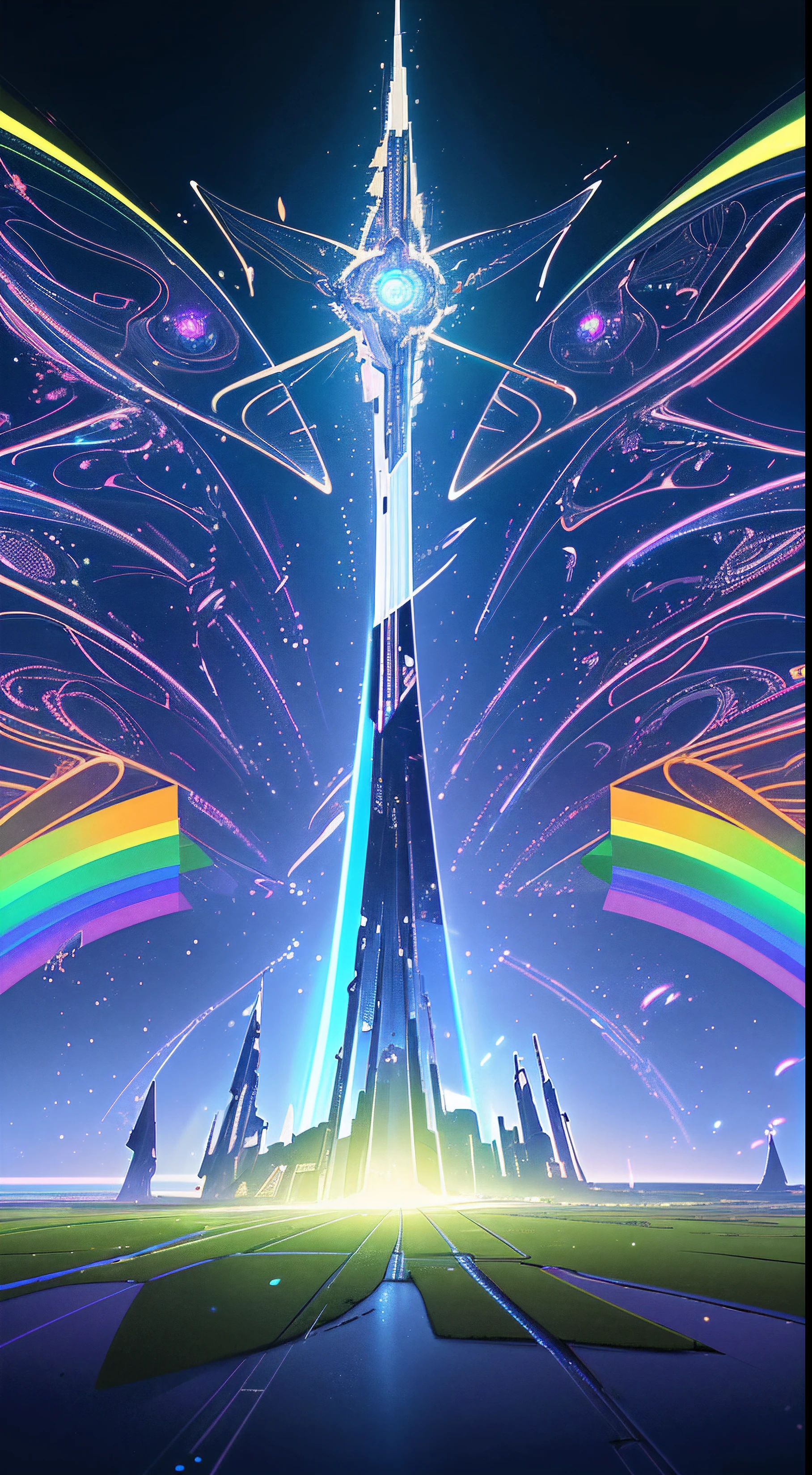 dreamlike sceneetaverse,A sense of future technology,Rainbow light rendering,OC Render,PVC,sparkling center,Beautifully illustrated with gorgeous intricate details,large commercial style,Large game CG scenes,16K HD resolution
