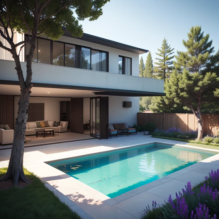 The organic modern building sits on a plot of land out of sight, considerable land, terrain landscape, grassland with trees , There a swimming pool in the middle of a large bungalow, house colors chocolate brown and black beams, large modern residence, flat roofs and garden, renderluxcore, render oktane, photoreal render, building rendering, mantra rendering, building rendering, Photorealistic rendering, archviz, health pool, archviz, green floor, There are small areas of lavender flowers, Green bushes like a lush green garden, There also a small water mirror, swimming pool embedded in sand area, The house surrounded by olive trees and pine trees, Hyper-realistic 8K, A lot of detail