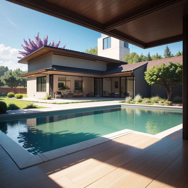 The organic modern building sits on a plot of land out of sight, considerable land, terrain landscape, grassland with trees , There  a swimming pool in the middle of a large bungalow, house colors chocolate brown and black beams, large modern residence, flat roofs and garden, renderluxcore, render oktane, photoreal render, building rendering, mantra rendering, building rendering, Photorealistic rendering, archviz, health pool, archviz,  green floor, There are small areas of lavender flowers, Green bushes like a lush green garden, There  also a small water mirror, swimming pool embedded in sand area, The house  surrounded by olive trees and pine trees, Hyper-realistic 8K, A lot of detail