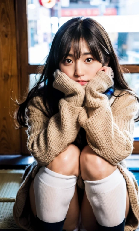 ulzzang -6500-v1.1, (Raw foto:1.2), (Photorealsitic:1.4), a beautiful detailed girl, extremely detailed eye and face, beatiful detailed eyes, Ridiculous, unbelievable Ridiculous, huge filesize, ultra-detailliert, hight resolution, ighly detailed, top-quality, ​masterpiece, Kemomimi, ((bury your face in your scarf)), (((Japan schoolgirl uniform))), illustratio, ighly detailed, nffsw, unification, 8k wallpaper, astonishing, finely detail, ​masterpiece, top-quality, Highly detailed ticker uniform 8K wallpaper, face lights、Cinematographic lighting、1girl in、sixteen years old、(witheout panties)、((dynamicposes)))、(camel's toe)、(half)、(Crooked knees and legs sitting))