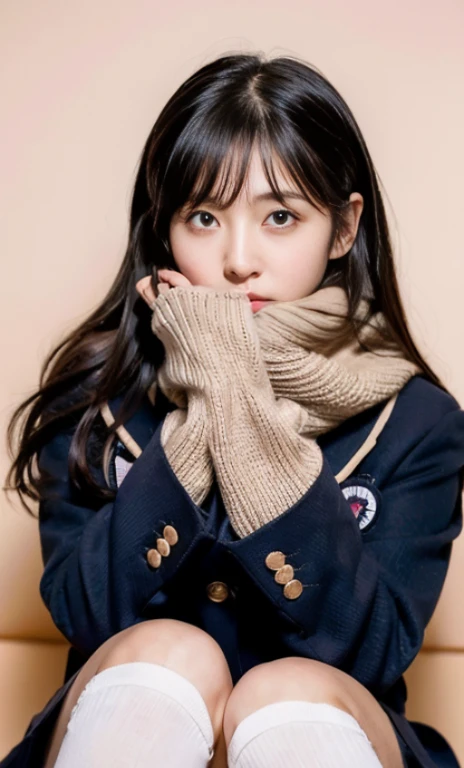 ulzzang -6500-v1.1, (Raw foto:1.2), (Photorealsitic:1.4), a beautiful detailed girl, ighly detailedな目と顔, beatiful detailed eyes, Ridiculous, unbelievable Ridiculous, huge filesize, ultra-detailliert, hight resolution, ighly detailed, top-quality, ​masterpiece, Kemomimi, ((Bury your face in a white scarf)), (((Japan schoolgirl uniform))), illustratio, ighly detailed, nffsw, unification, 8k wallpaper, astonishing, finely detail, ​masterpiece, top-quality, Highly detailed ticker uniform 8K wallpaper, face lights、Cinematographic lighting、1girl in、sixteen years old、(witheout panties)、((dynamicposes)))、(camel's toe)、(half)、(Crooked knees and legs sitting))