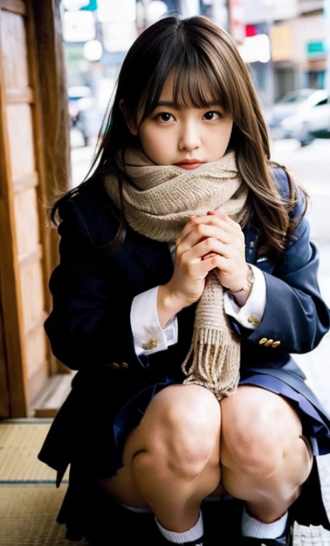 ulzzang -6500-v1.1, (Raw foto:1.2), (Photorealsitic:1.4), a beautiful detailed girl, extremely detailed eye and face, beatiful detailed eyes, Ridiculous, unbelievable Ridiculous, huge filesize, ultra-detailliert, hight resolution, ighly detailed, top-quality, masterpiece, Kemomimi, ((bury your face in your scarf)), (((Japan schoolgirl uniform))), illustratio, ighly detailed, nffsw, unification, 8k wallpaper, astonishing, finely detail, masterpiece, top-quality, Highly detailed ticker uniform 8K wallpaper, face lights、Cinematographic lighting、1girl in、sixteen years old、(witheout panties)、((dynamicposes)))、(camel's toe)、(half)、(Crooked knees and legs sitting))