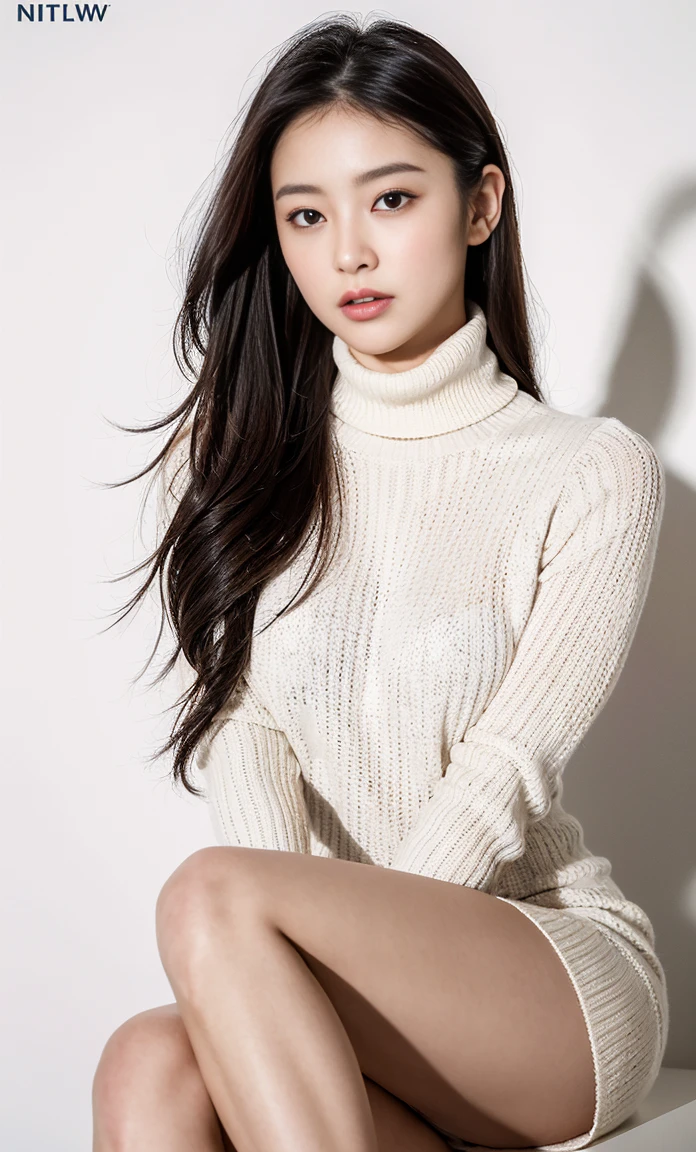 ulzzang -6500-v1.1, (Raw foto:1.2), (Photorealsitic:1.4), a beautiful detailed girl, extremely detailed eye and face, beatiful detailed eyes, Ridiculous, unbelievable Ridiculous, huge filesize, ultra-detailliert, hight resolution, ighly detailed, top-quality, masterpiece, Kemomimi, ((White turtleneck knit minidress)), illustratio, ighly detailed, nffsw, unification, 8k wallpaper, astonishing, finely detail, masterpiece, top-quality, Highly detailed ticker uniform 8K wallpaper, face lights、Cinematographic lighting、1girl in、sixteen years old、(witheout panties)、((dynamicposes)))、(camel's toe)、(half)、、(Crooked knees and legs sitting))