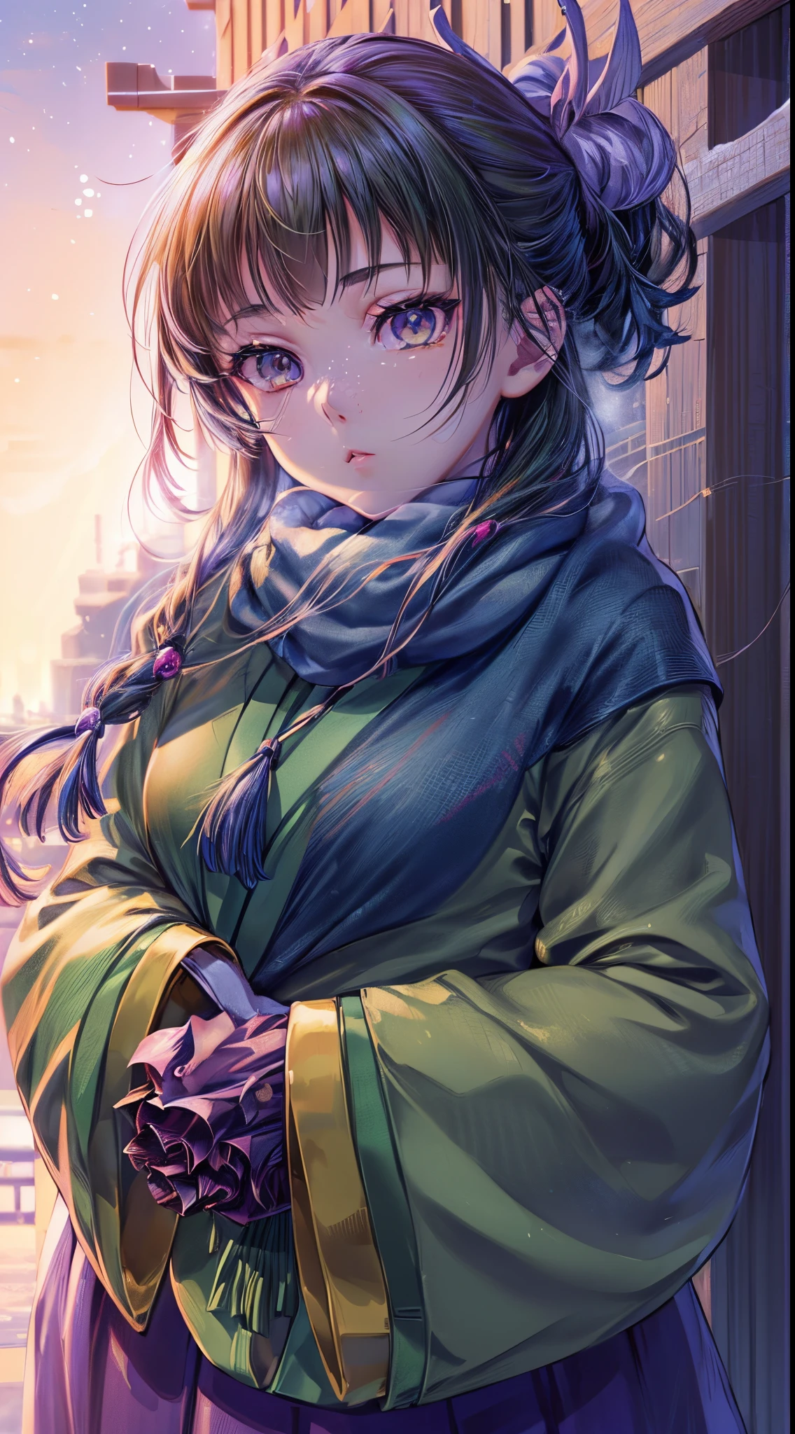 ((Anime, One Woman,front facing, Detailed Eyes, Detailed Face, Detailed Body), ((Best Quality, Highly Detailed 8K Background, Best Shadow), Highly Detailed, (Detailed Beautiful Eyes), ((Winter Clothes, Daylight, Winter)))) (cowboy shot), anime, city, best quality and high details, 4K