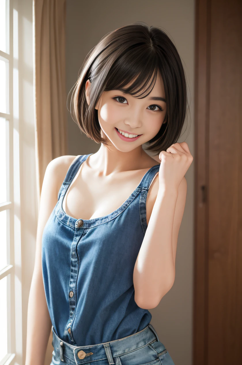 (girl with:1.3), short-hair, Amazing face and eyes, Looking at the camera, Smile full of joy、show teeth、Raise your arms to show off your biceps、(Thin tank top、Denim shorts:1.2)、Wear sneakers、(Best Quality:1.4), extremely detailed CG unified 8k wallpaper, Highly detailed, High-definition raw color photos, professional photograpy, Realistic full-body shots, Indoor photography、Plain wallpaper、sexy portrait of girl