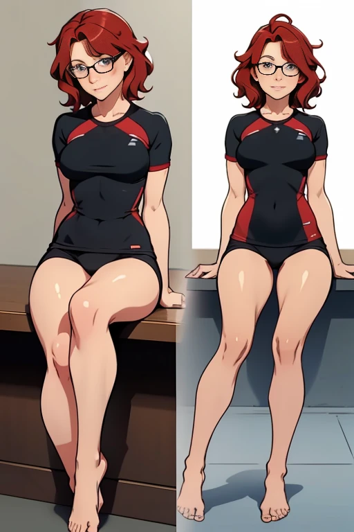 Front and back full body photo of a beautiful, barefoot, lucky ones, blushing redhaired woman, short wavy hair, who wears short black training clothes and glasses, sitting.