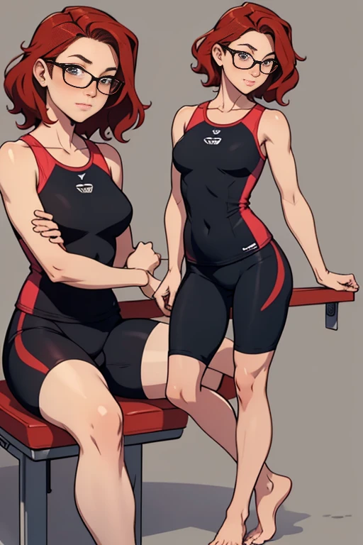 Front and back full body photo of a beautiful, barefoot, lucky ones, blushing redhaired woman, short wavy hair, who wears short black training clothes and glasses, sitting.