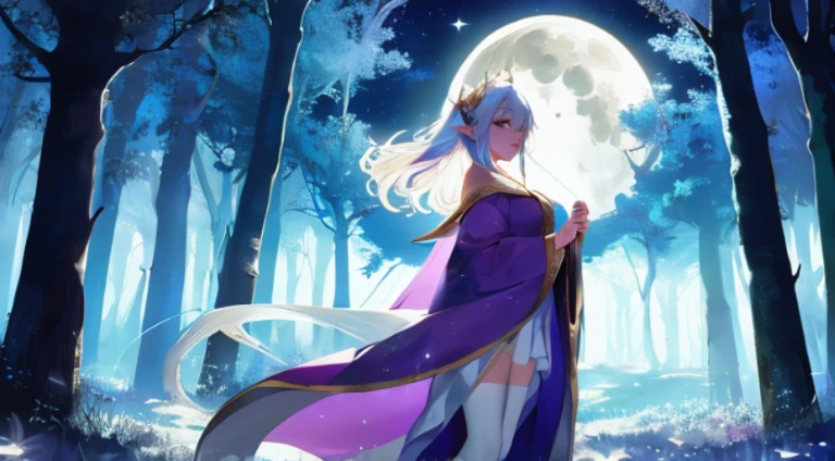 ultra detailed illustration of adult woman wearing purple thin robe, 4k, white stockings, elven archer, white flowing hair, moonbeams, backlit, light particles, whimsical, masterpiece, image with a magical and enchanting atmosphere (best quality:1.4), night, crescent moon, forest, sharp focus, anime style