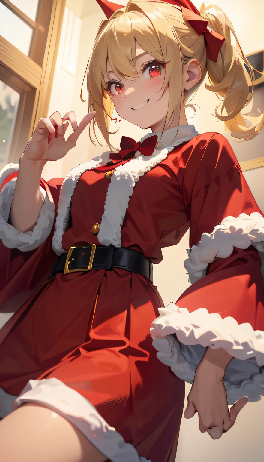 1 girl in、one blonde、pony tails、red eyes、small tit、A smile、smilingly、christmas、Dressed in Santa Claus costume、Colors based on red and green