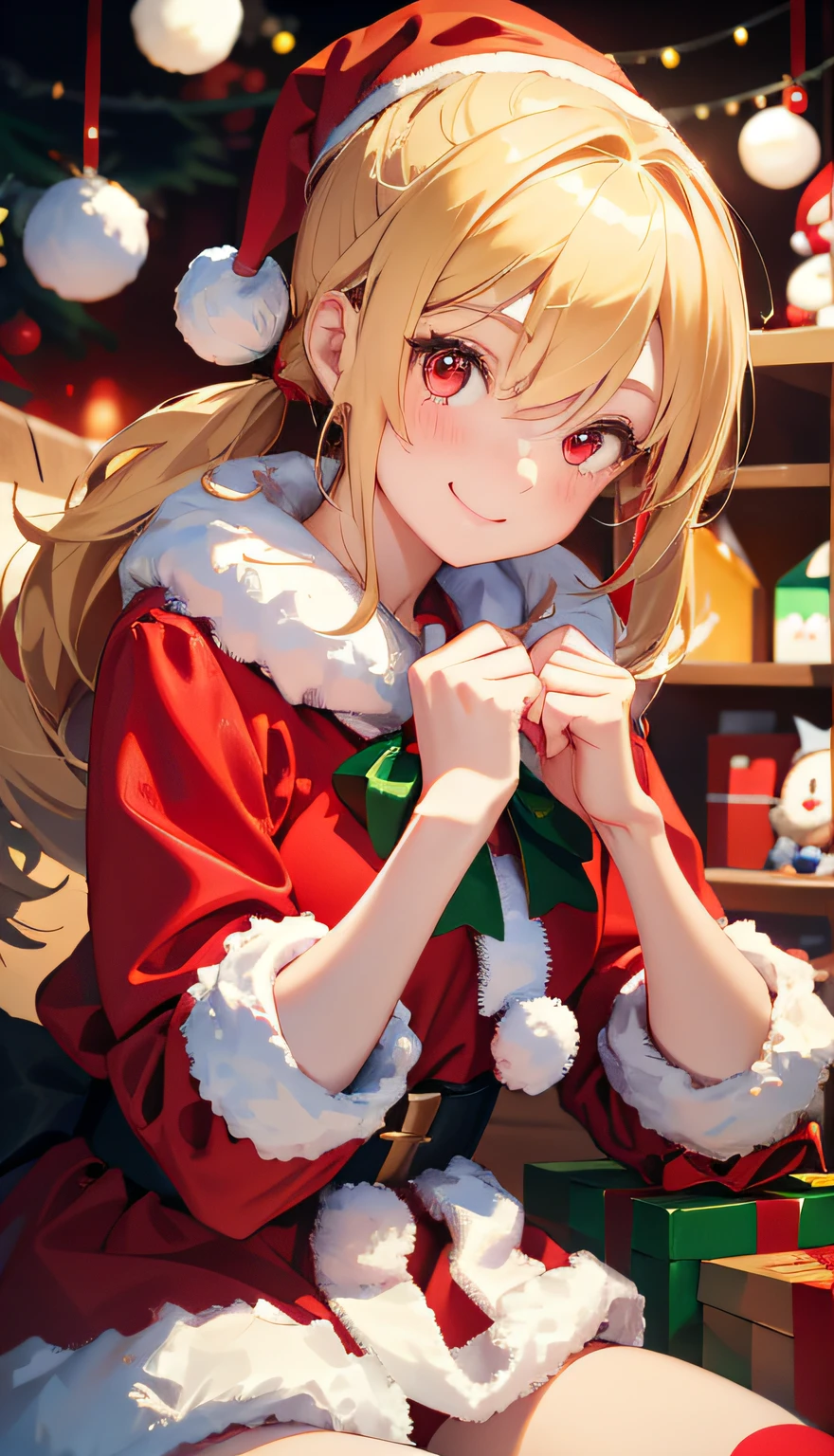 1 girl in、one blonde、pony tails、red eyes、small tit、A smile、smilingly、christmas、Dressed in Santa Claus costume、Colors based on red and green