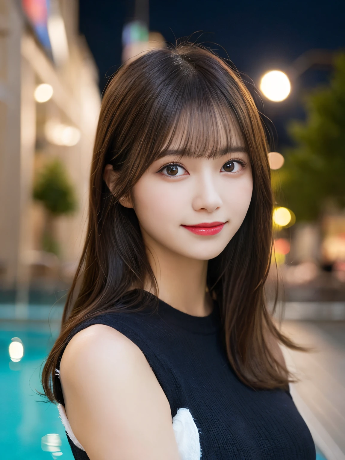 masutepiece, Best Quality, Illustration, Ultra-detailed, finely detail, hight resolution, 8K Wallpaper, Perfect dynamic composition, Beautiful detailed eyes, wearing a large black knit,Medium Hair,Natural Color Lip, Bold sexy poses,Smile,Harajuku、20 years girl、Cute、Sexy shot looking at camera、C Cup、Brown hair、cacique#39;s face、Blurry night pool background