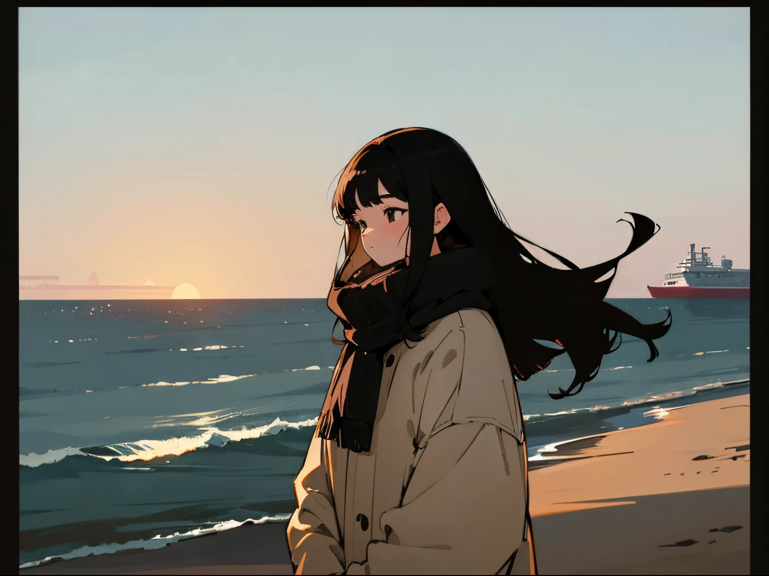 20 year old dark-haired woman, Clothes that look warm、Calm、Gentle light、black backgrounds、Coffee、head shot、Lo-Fi Illustration、a relaxing sight、Woman in sweater、looks sleepy、winter seaside、Ship silhouette on the horizon