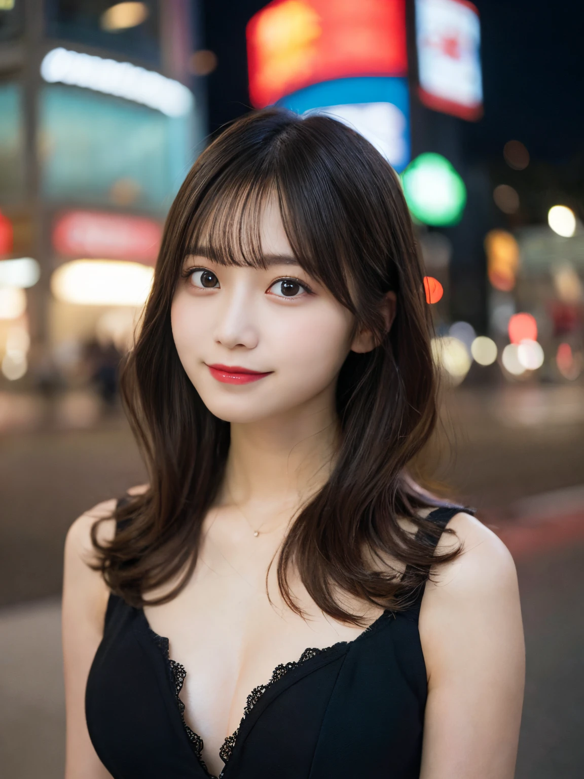 masutepiece, Best Quality, Illustration, Ultra-detailed, finely detail, hight resolution, 8K Wallpaper, Perfect dynamic composition, Beautiful detailed eyes, wearing a black one-piece outfit,Medium Hair,Natural Color Lip, Bold sexy poses,Smile,Harajuku、20 years girl、Cute、Sexy shot looking at camera、C Cup、Brown hair、cacique#39;s face、Blurry night pool background